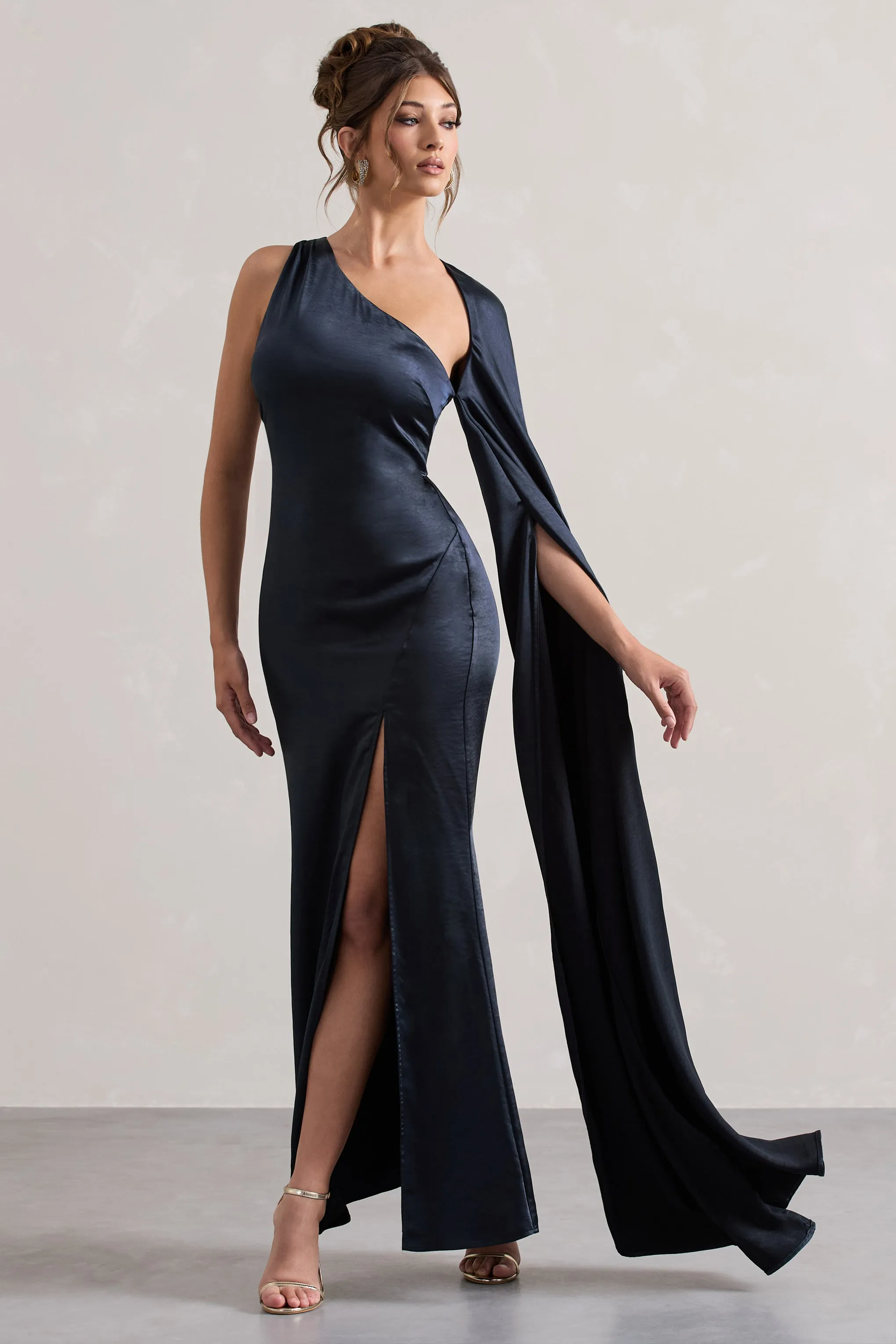Gala | Navy Satin One-Shoulder Cape Sleeve Split Maxi Dress sold by Club L London product image thumbnail 4