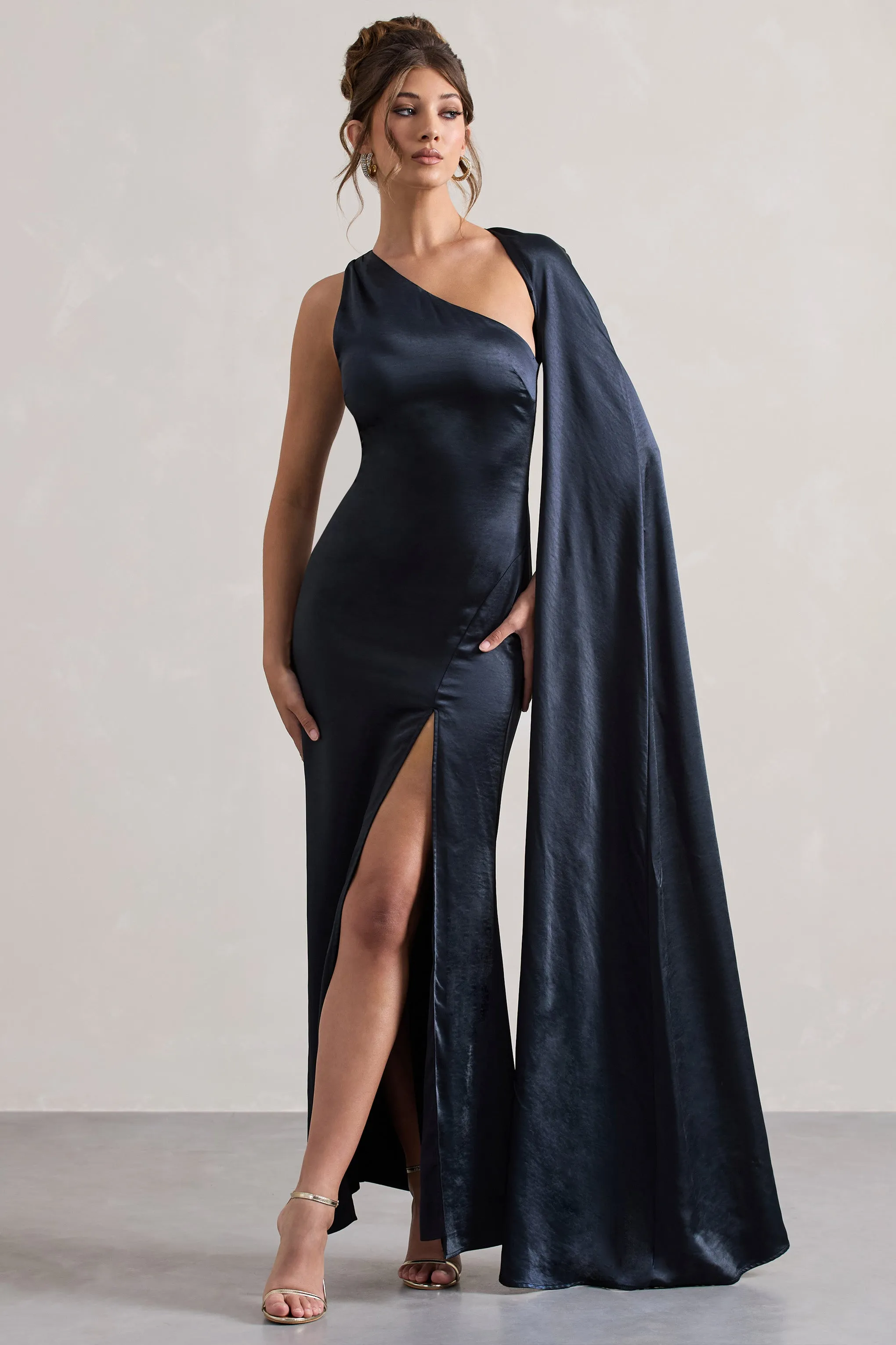 Gala | Navy Satin One-Shoulder Cape Sleeve Split Maxi Dress sold by Club L London product image thumbnail 5