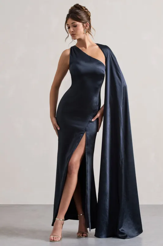 Gala | Navy Satin One-Shoulder Cape Sleeve Split Maxi Dress sold by Club L London