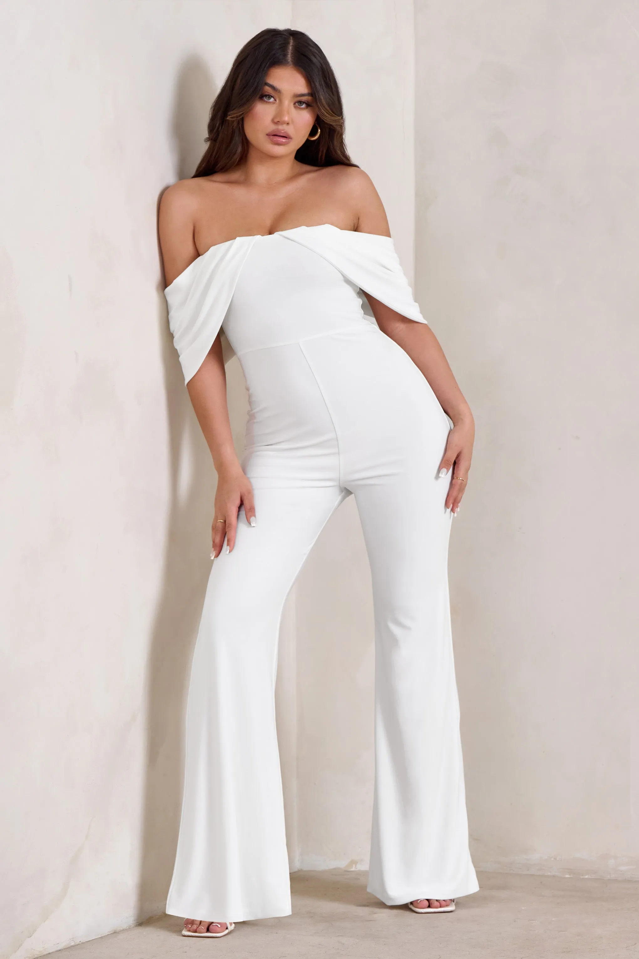 Bonnie | White Bardot Drape Sleeve Jumpsuit sold by Club L London product image thumbnail 4
