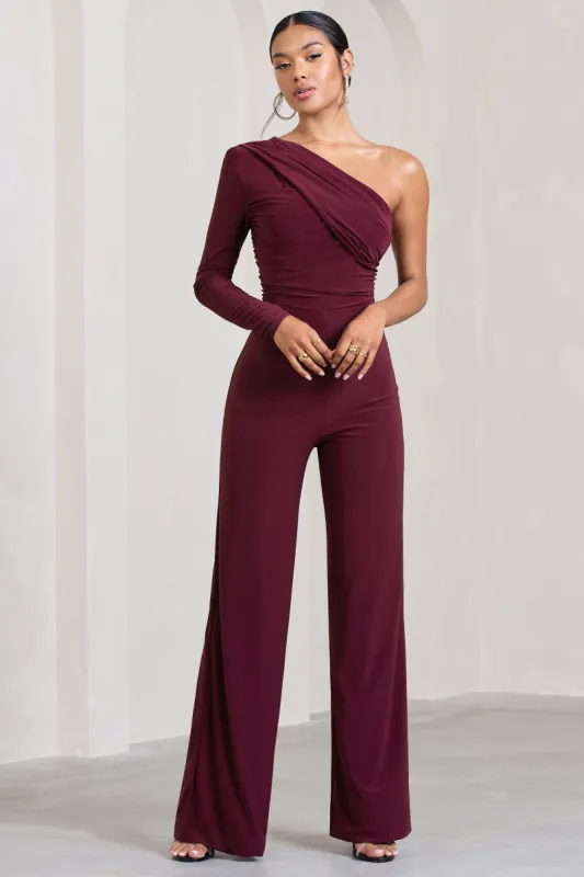 Mila | Burgundy One Shoulder Ruched Wide Leg Jumpsuit made by Club L London