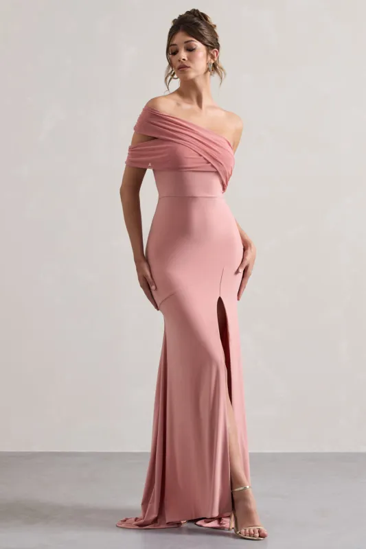Fused | Blush Asymmetric Bardot Split Maxi Dress sold by Club L London