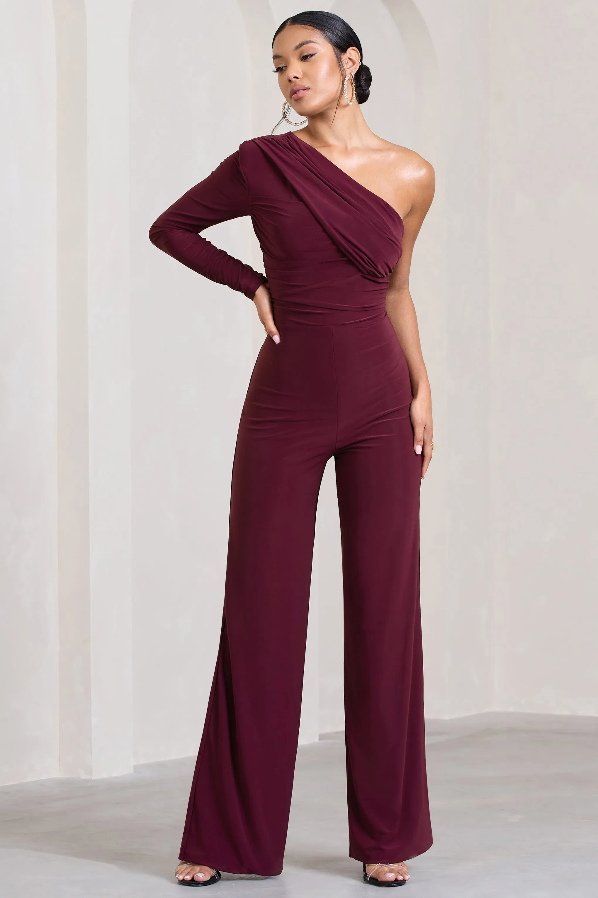 Mila | Burgundy One Shoulder Ruched Wide Leg Jumpsuit sold by Club L London product image thumbnail 5
