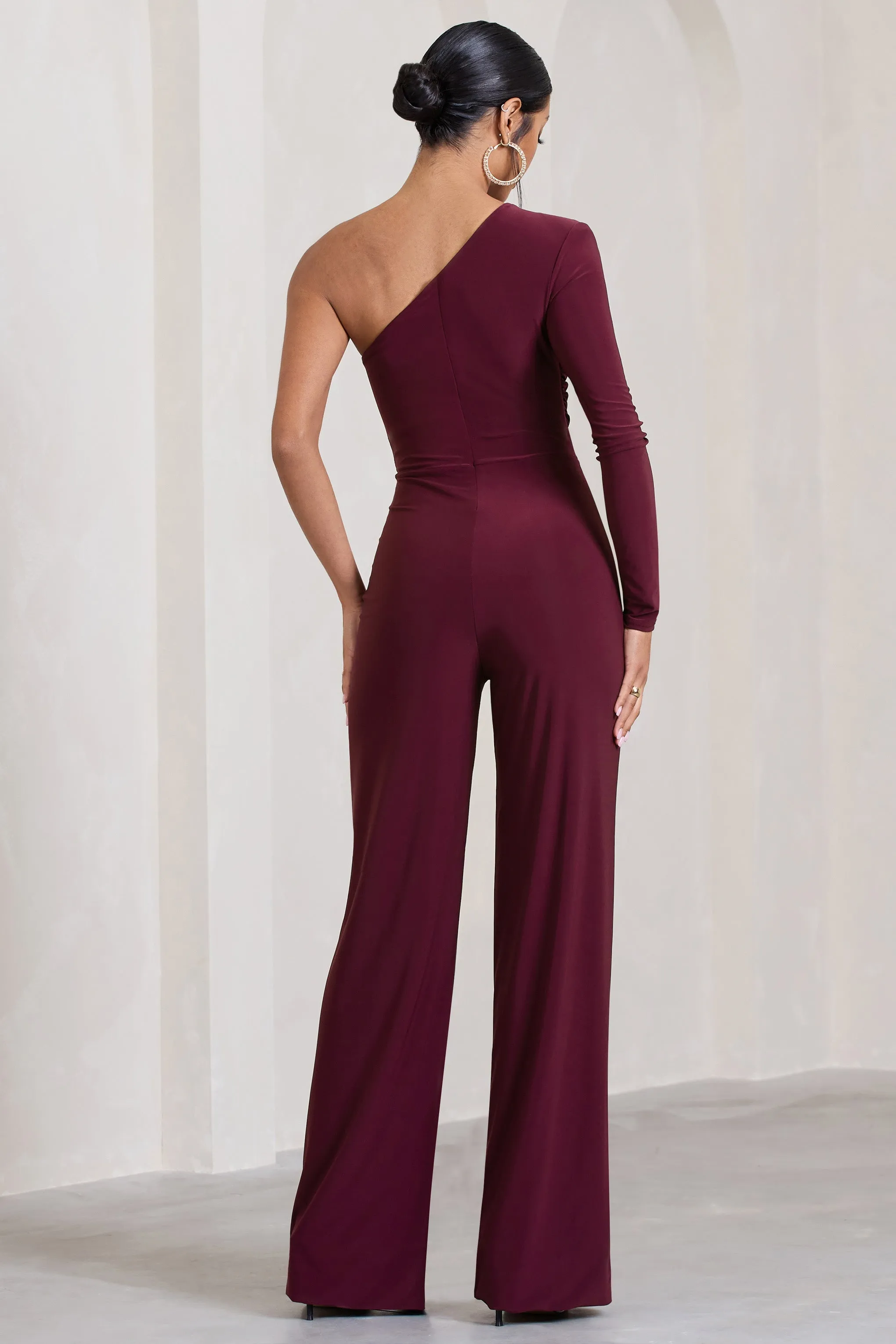 Mila | Burgundy One Shoulder Ruched Wide Leg Jumpsuit sold by Club L London product image thumbnail 2
