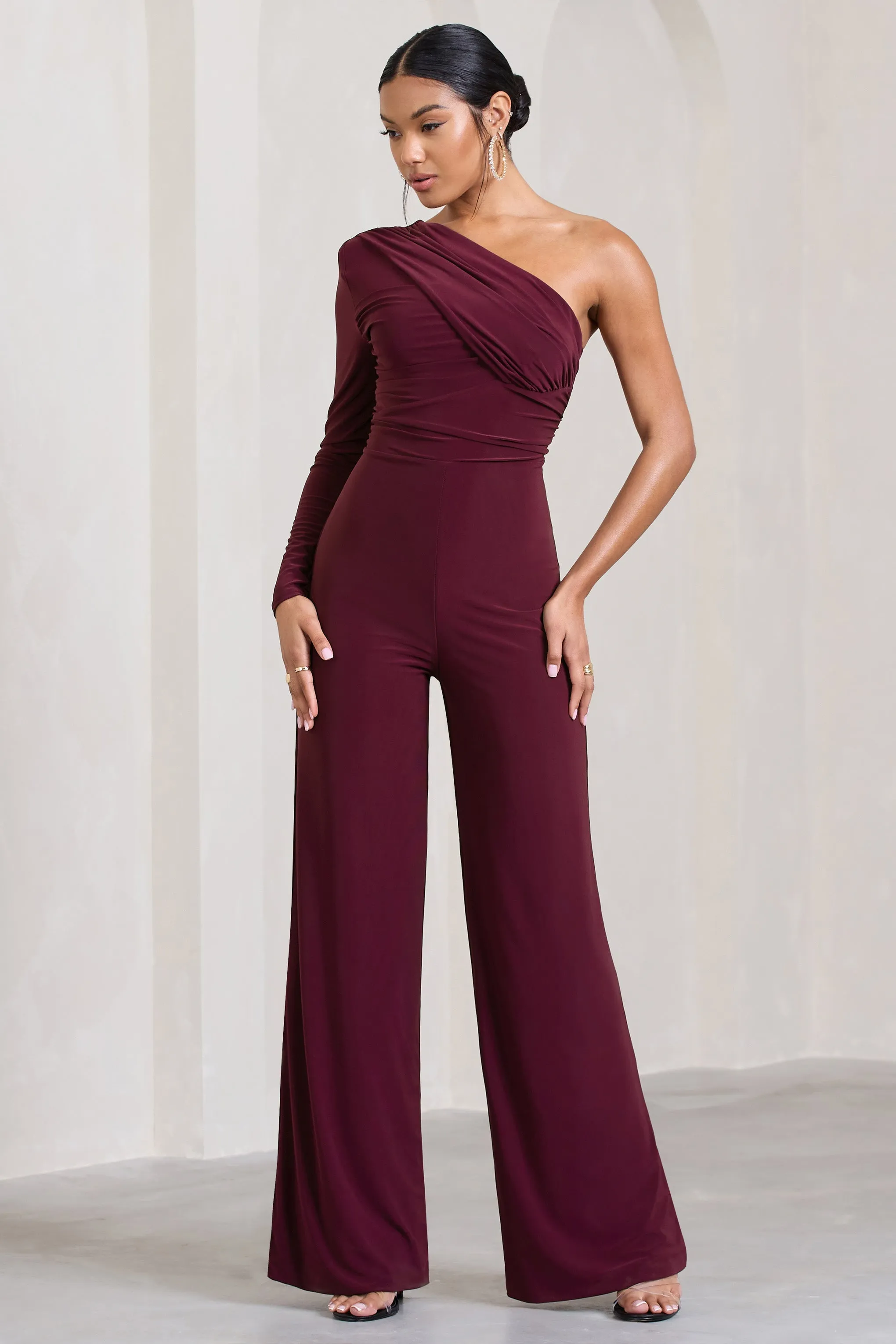Mila | Burgundy One Shoulder Ruched Wide Leg Jumpsuit sold by Club L London product image thumbnail 4