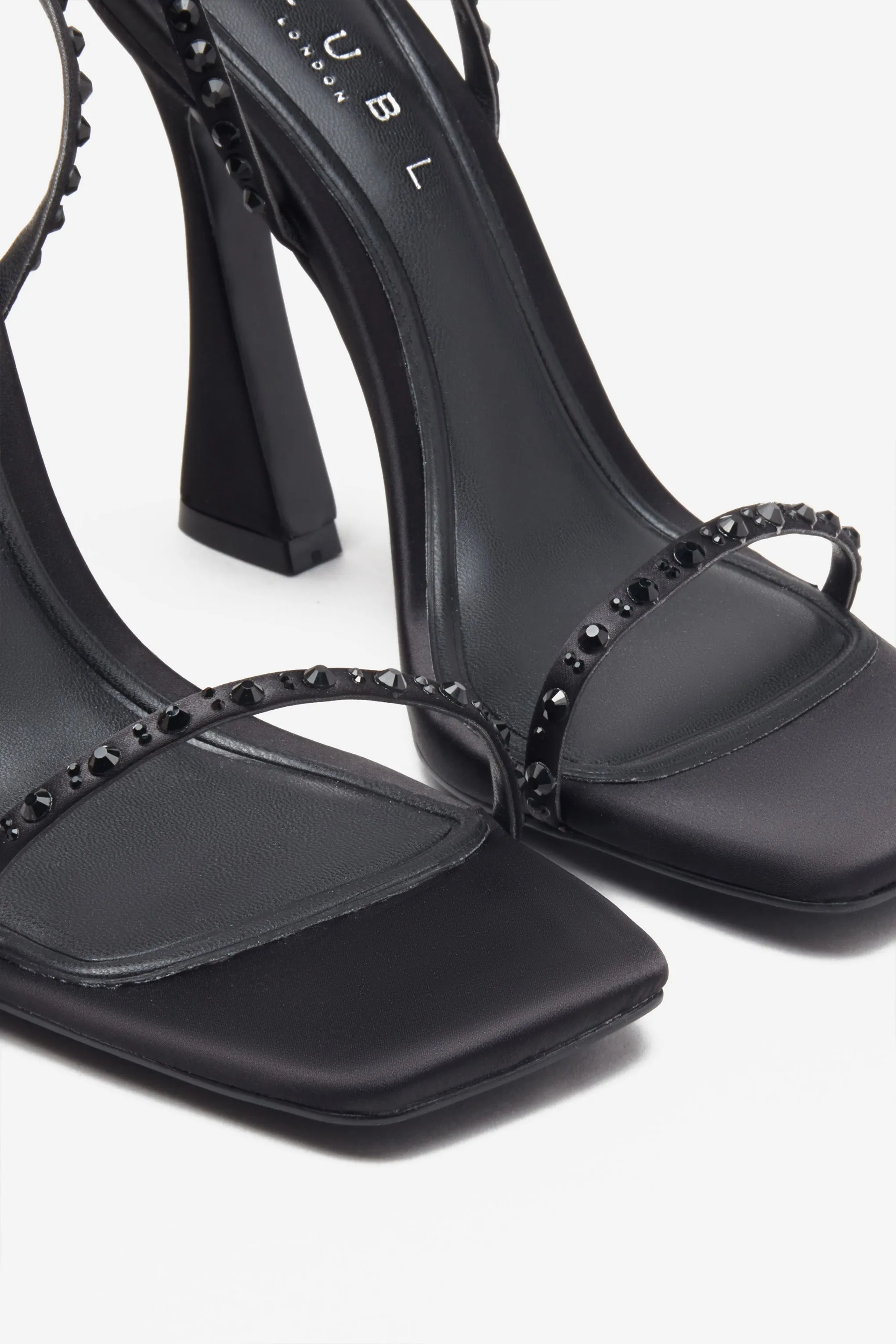 Nostalgia | Black Satin Heeled Sandals With Diamante Straps sold by Club L London product image thumbnail 3