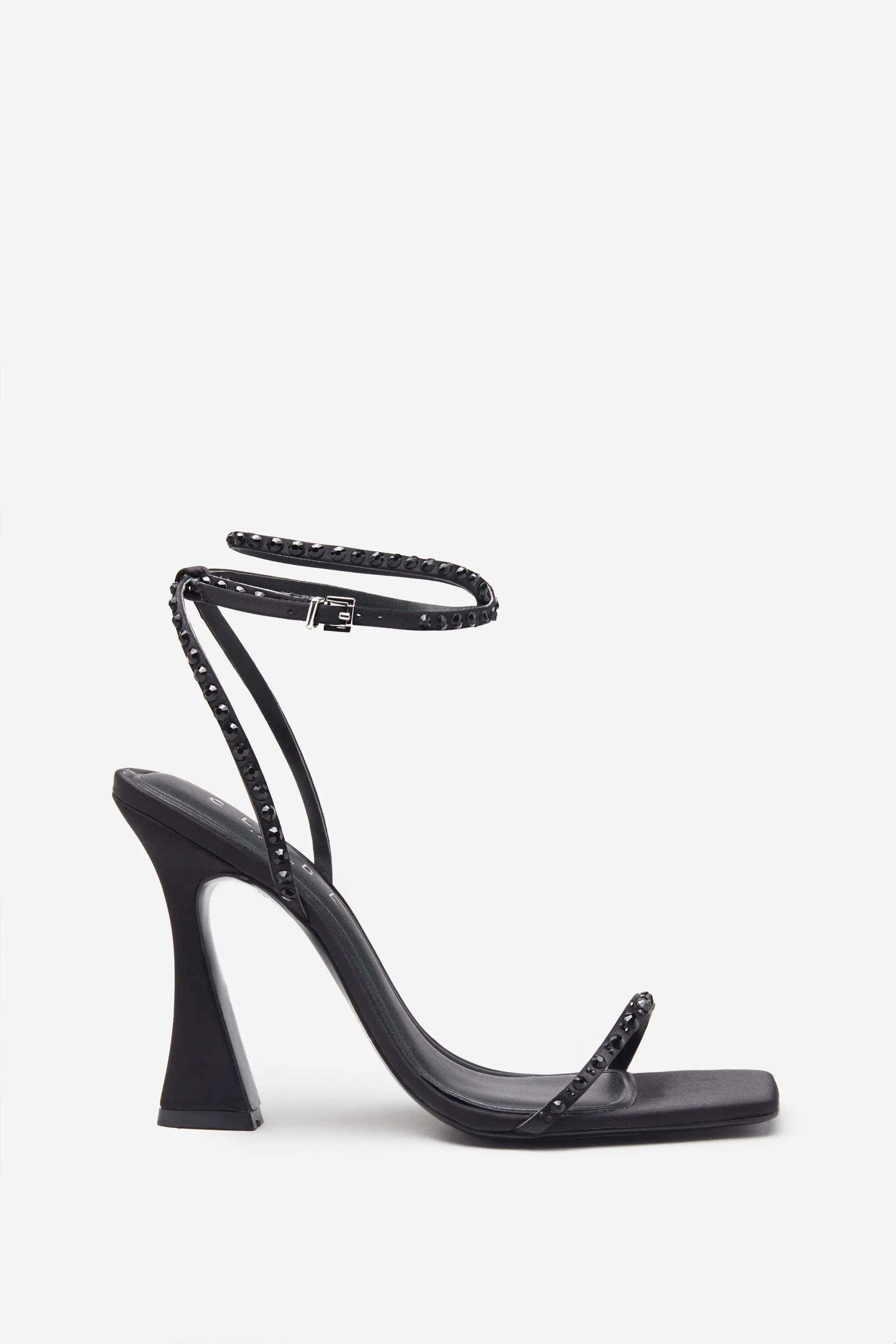 Nostalgia | Black Satin Heeled Sandals With Diamante Straps sold by Club L London
