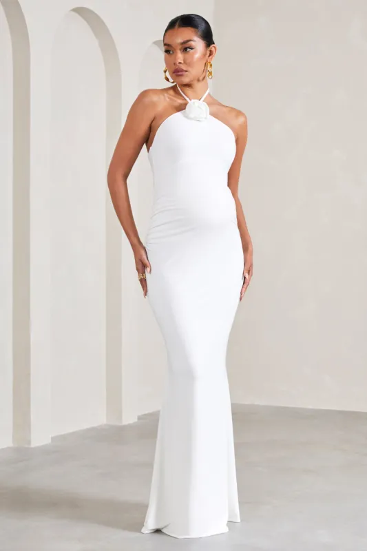 Loving | White Halter-Neck Maternity Maxi Dress With Flower Corsage sold by Club L London