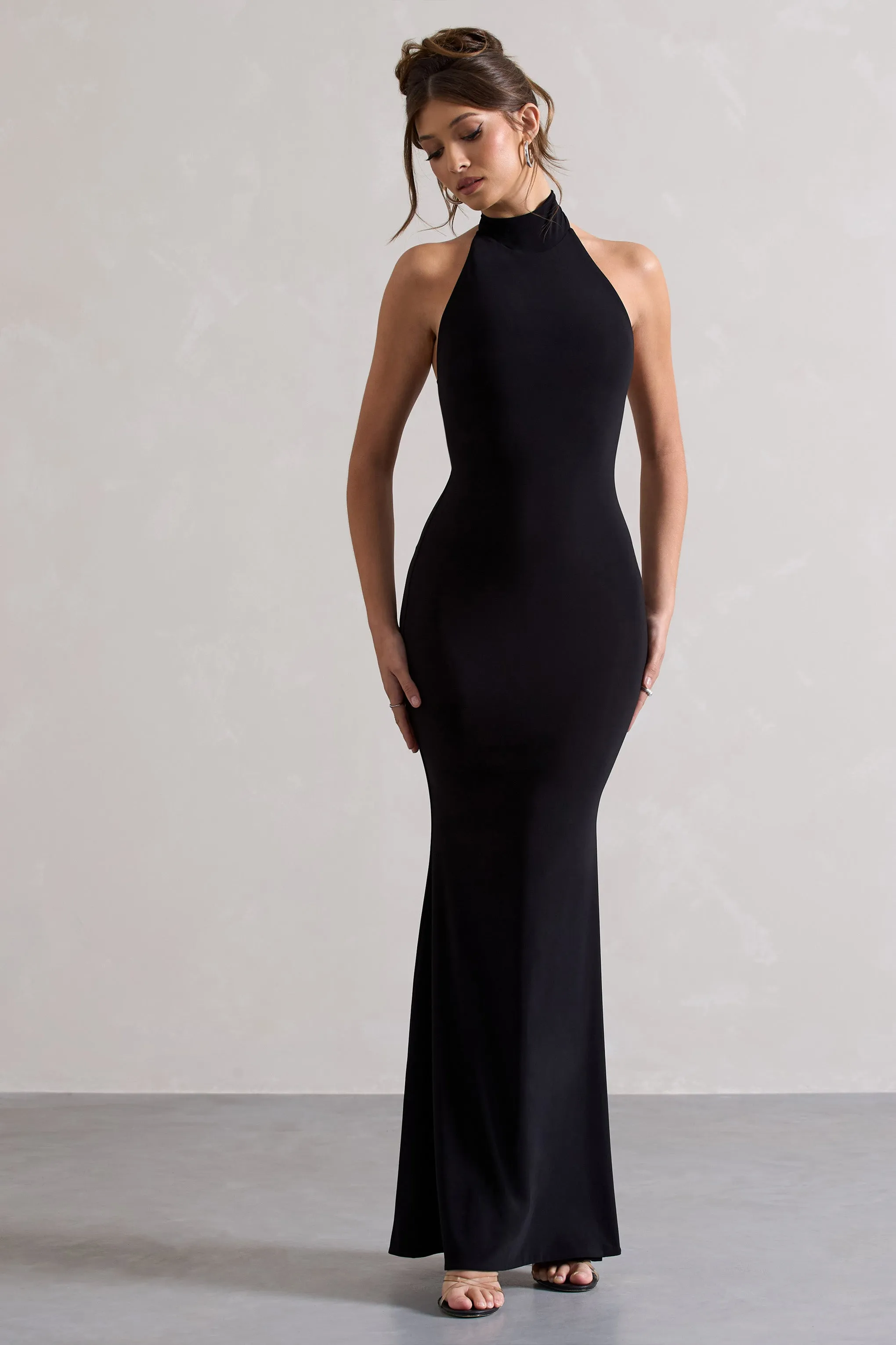 Colorado | Black High-Neck Fishtail Maxi Dress sold by Club L London
