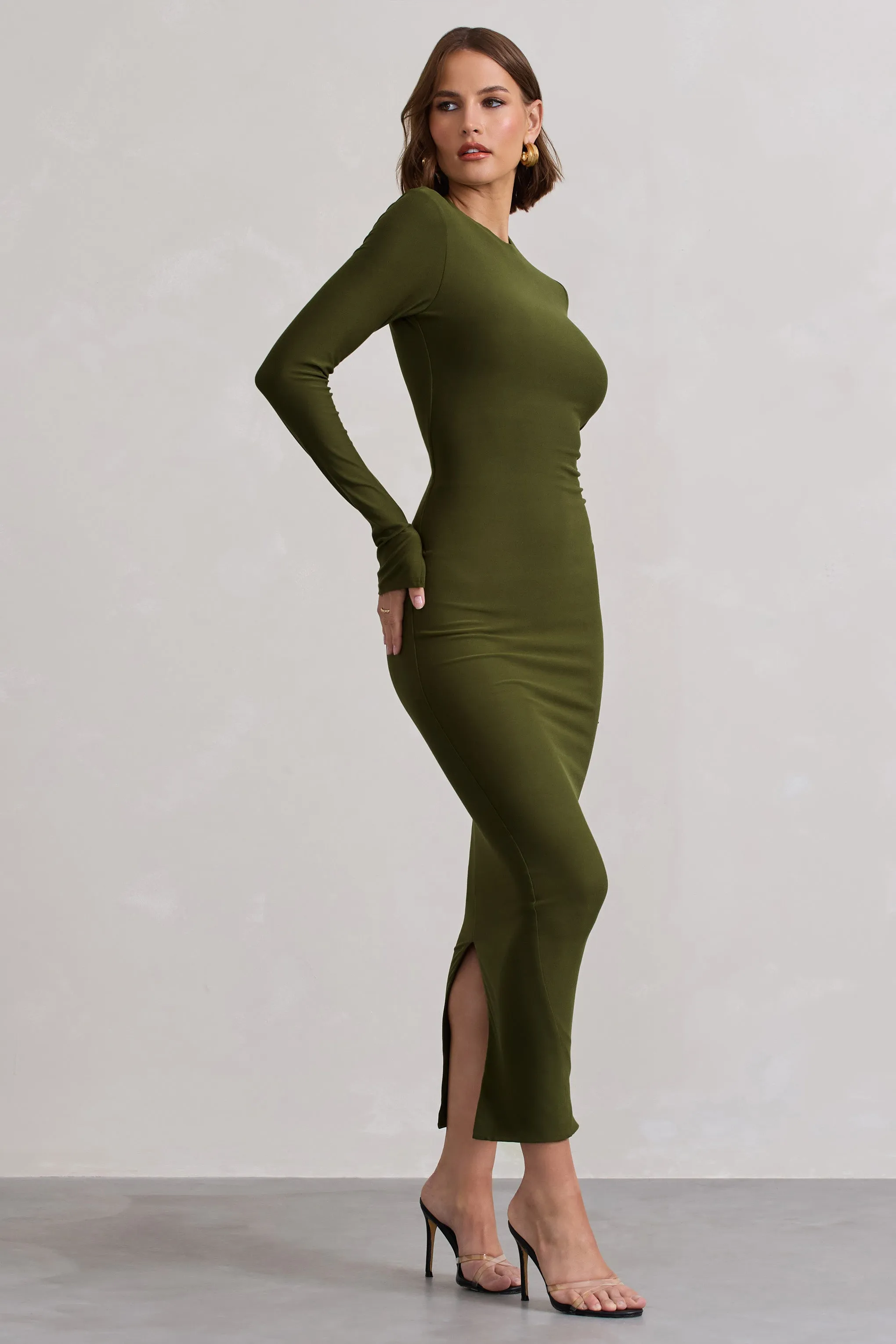Wonder | Moss Green Bodycon Long-Sleeve Maxi Dress sold by Club L London product image thumbnail 5