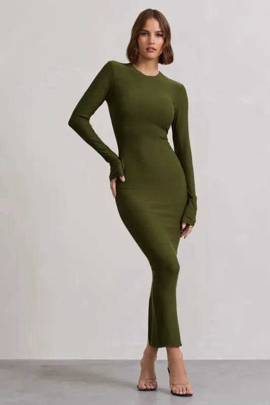 Wonder | Moss Green Bodycon Long-Sleeve Maxi Dress sold by Club L London