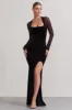 Apres | Black Velvet Bodycon Split Maxi Dress With Sheer Sleeves sold by Club L London