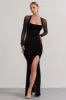 Apres | Black Velvet Bodycon Split Maxi Dress With Sheer Sleeves sold by Club L London