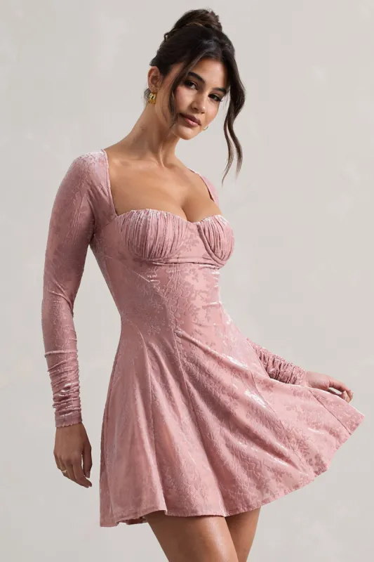 Evangelina | Pink Long-Sleeve Skater Mini Dress sold by Club L London