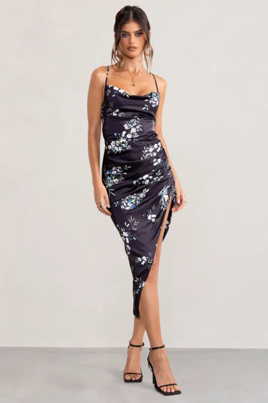 Risk It All | Black Floral Print Cowl Neck Satin Asymmetric Hem Midi Dress sold by Club L London