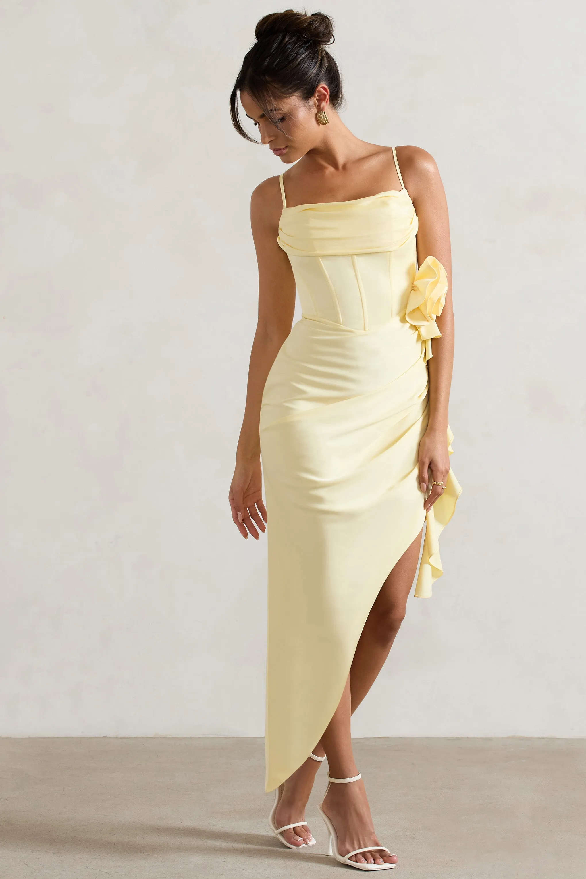 On The List | Lemon Asymmetric Corset Maxi Dress With Floral Drape sold by Club L London product image thumbnail 5