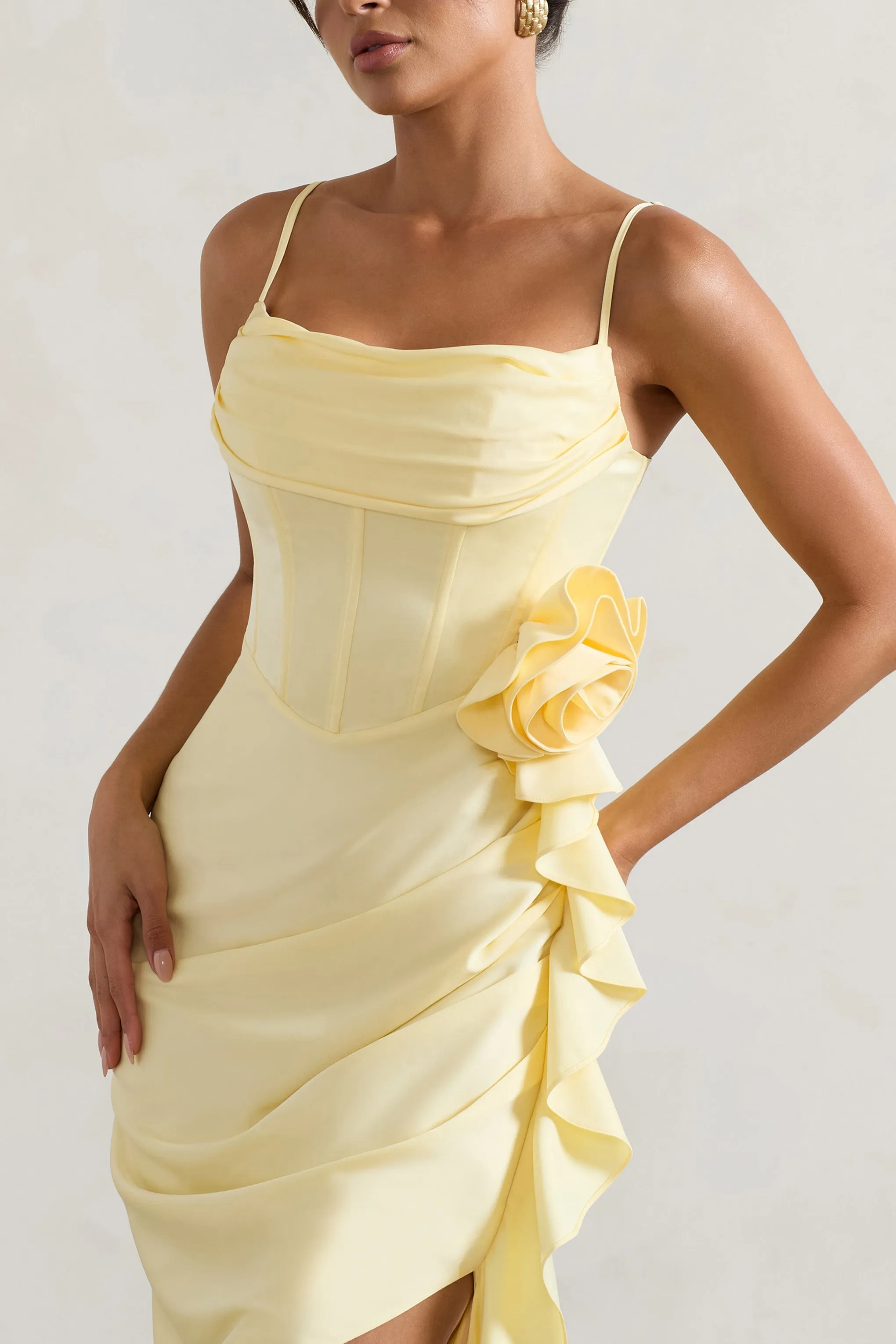 On The List | Lemon Asymmetric Corset Maxi Dress With Floral Drape sold by Club L London product image thumbnail 3