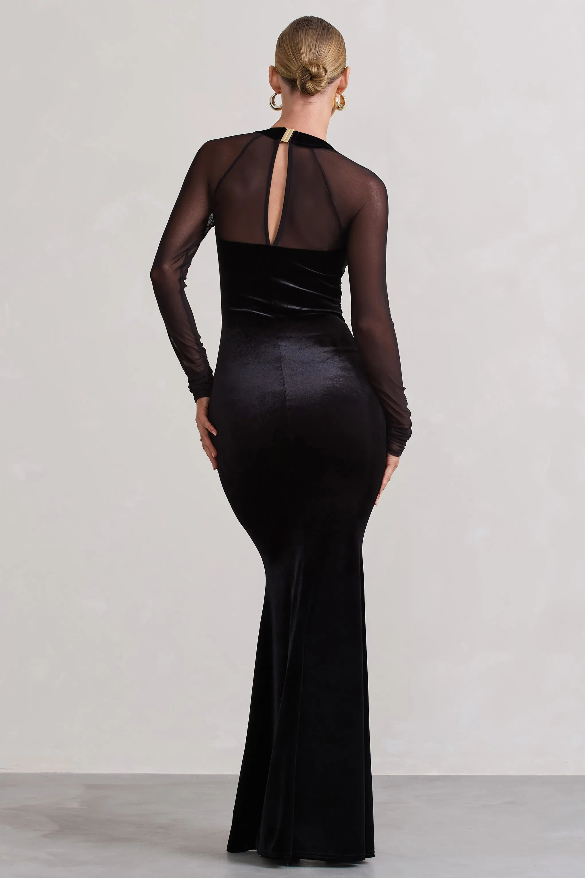 Apres | Black Velvet Bodycon Split Maxi Dress With Sheer Sleeves sold by Club L London product image thumbnail 2