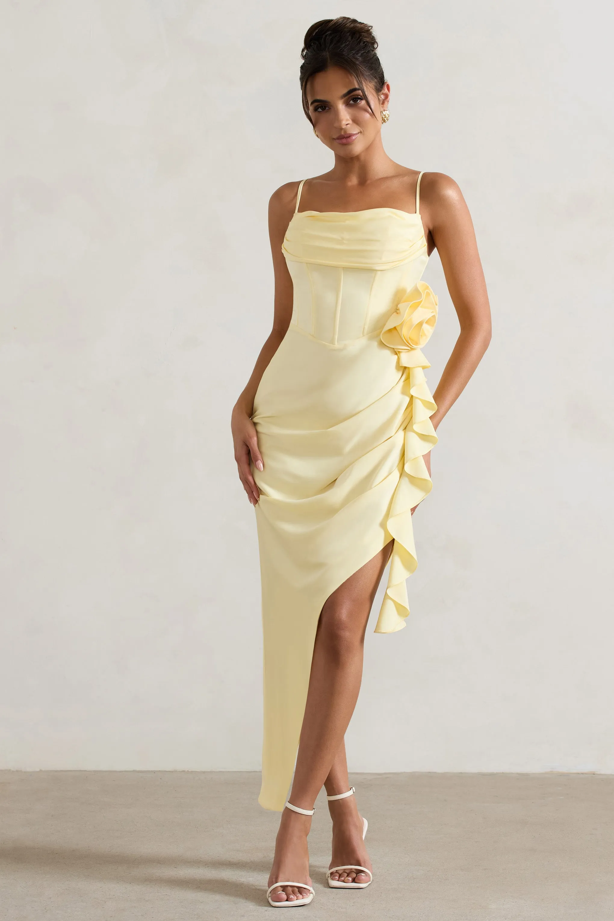On The List | Lemon Asymmetric Corset Maxi Dress With Floral Drape sold by Club L London
