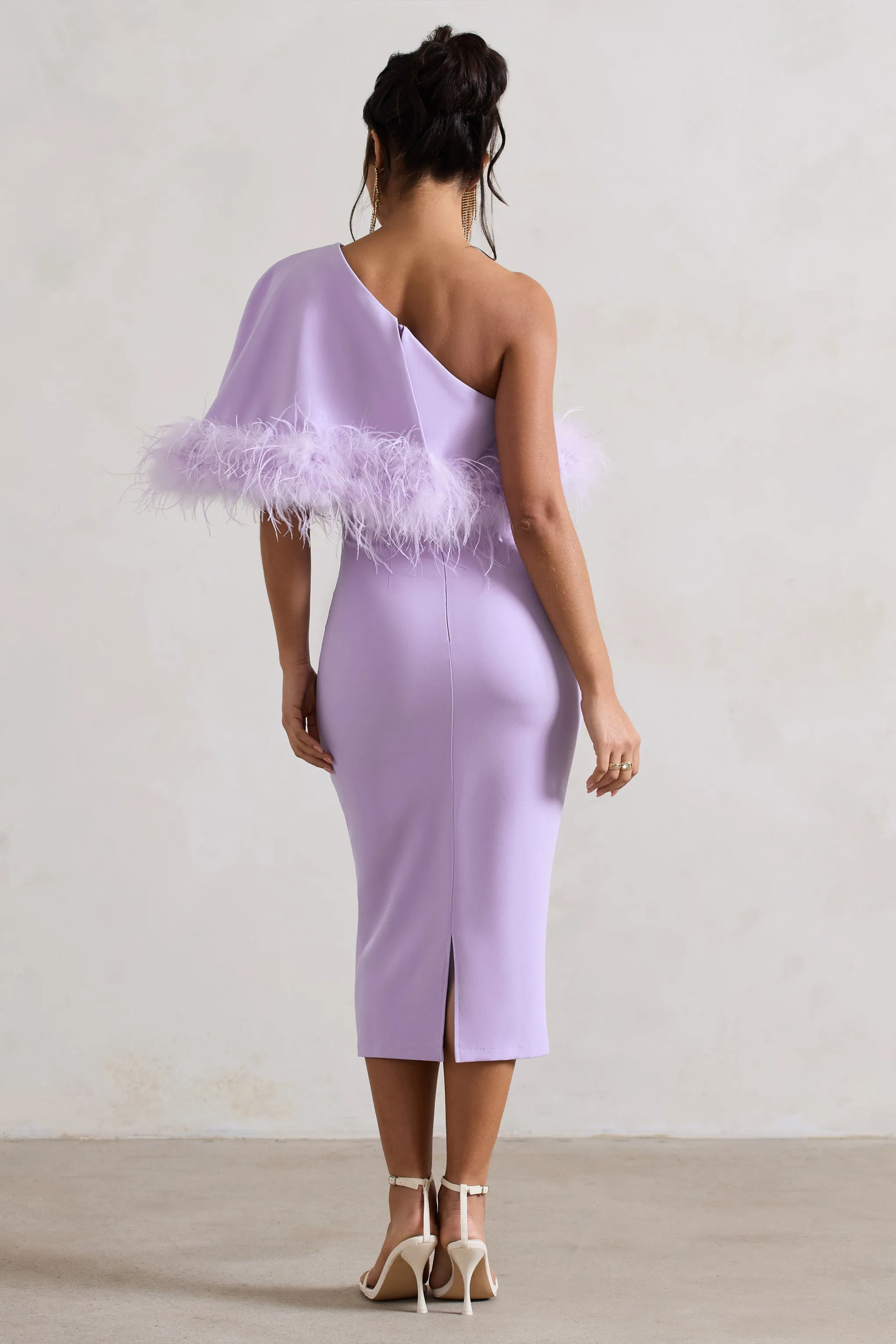 Victory | Lilac One Shoulder Midi Dress With Feather Trim sold by Club L London product image thumbnail 2