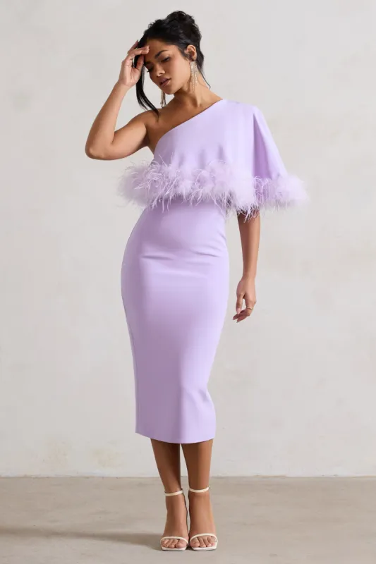 Victory | Lilac One Shoulder Midi Dress With Feather Trim sold by Club L London