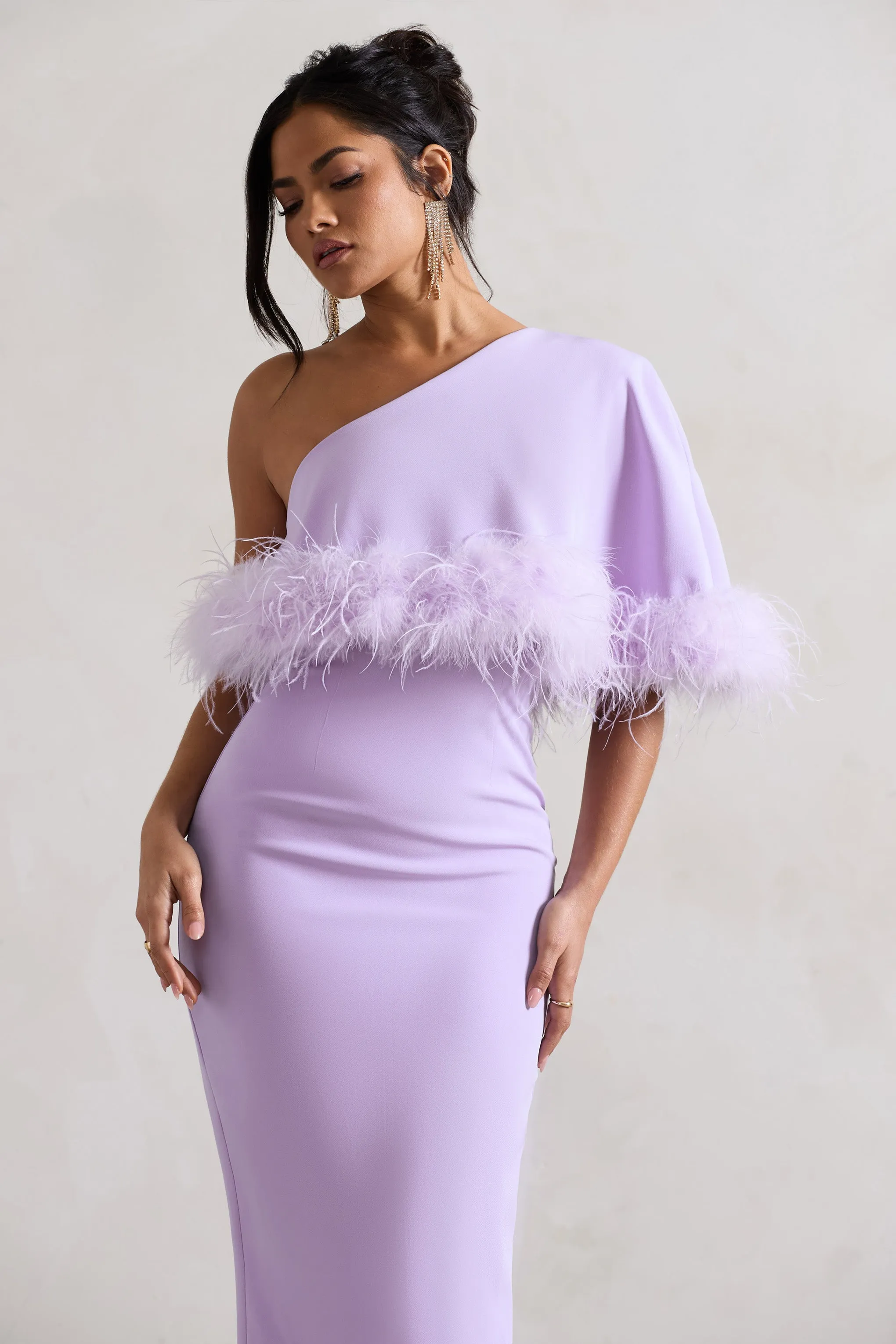 Victory | Lilac One Shoulder Midi Dress With Feather Trim sold by Club L London product image thumbnail 3