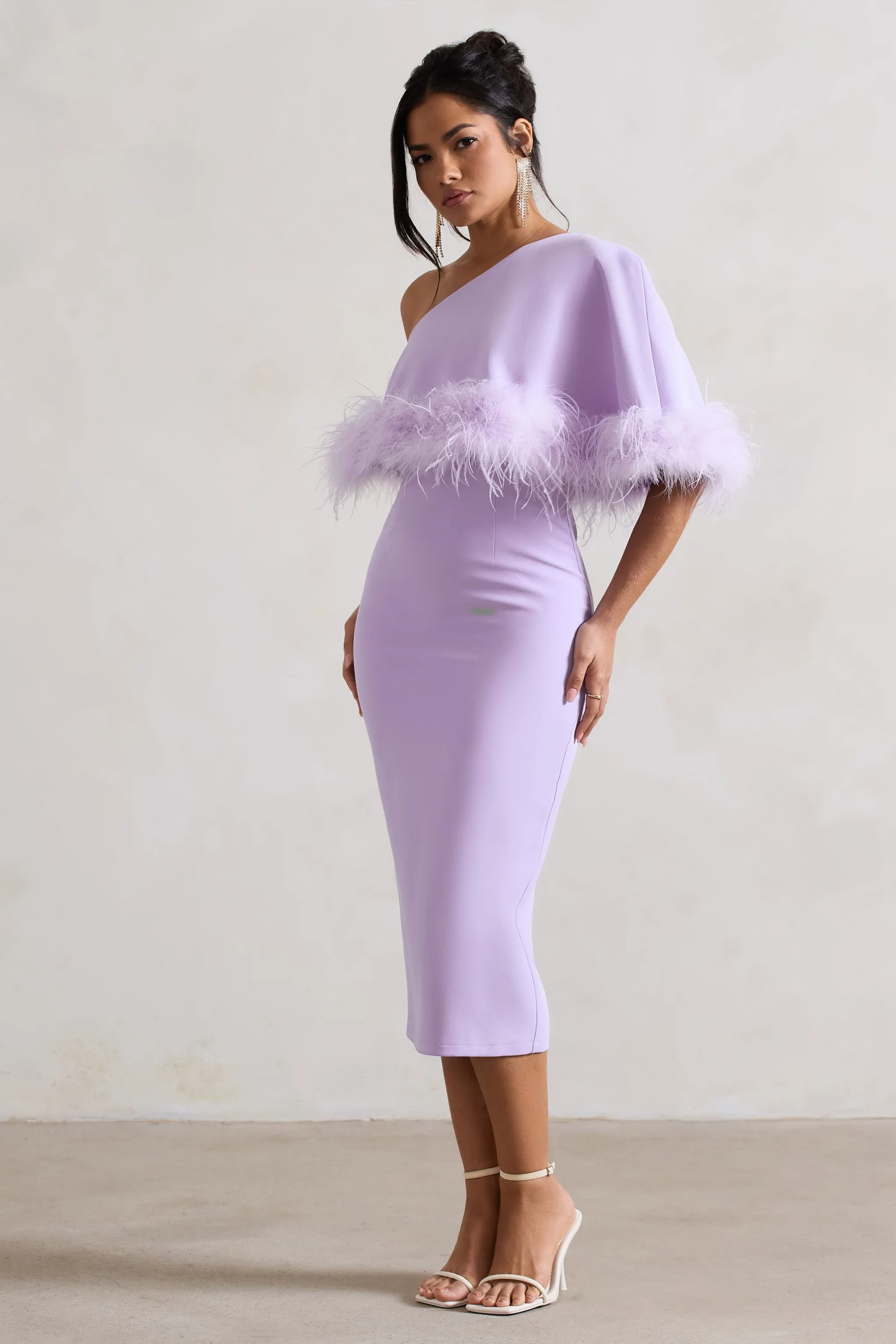 Victory | Lilac One Shoulder Midi Dress With Feather Trim sold by Club L London product image thumbnail 5