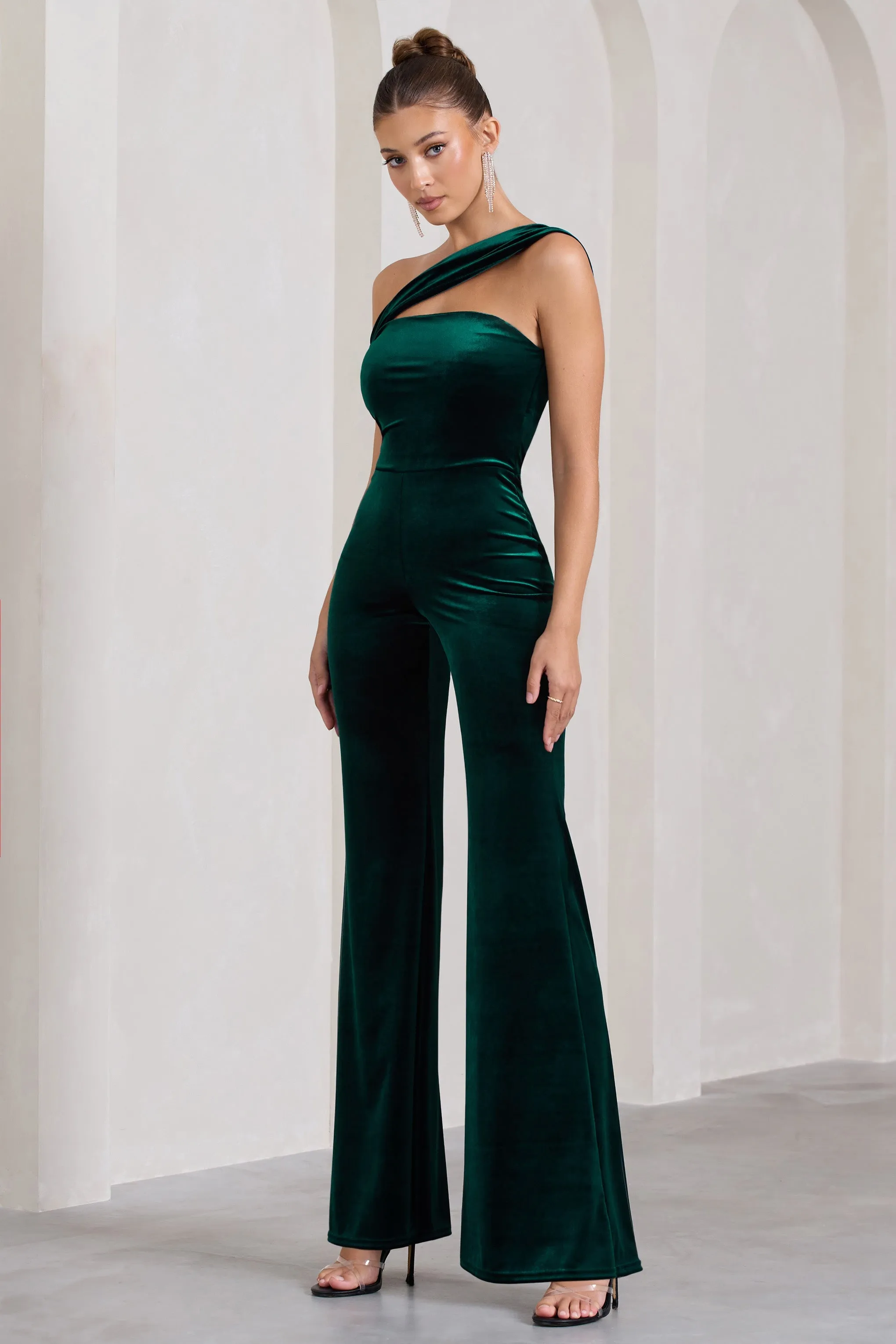 Georgia | Bottle Green Velvet Asymmetric Wide-Leg Jumpsuit sold by Club L London product image thumbnail 3
