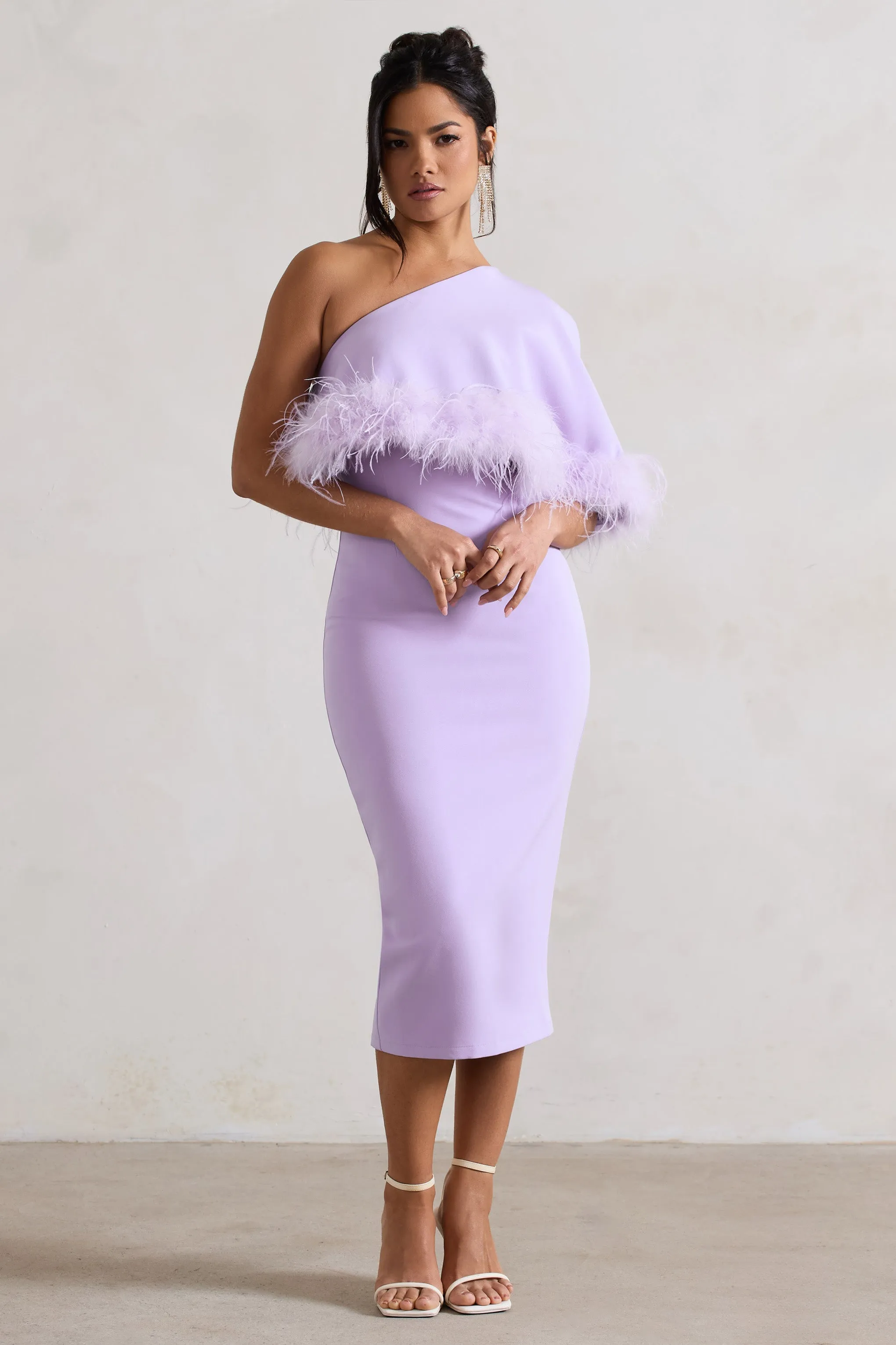 Victory | Lilac One Shoulder Midi Dress With Feather Trim sold by Club L London product image thumbnail 4