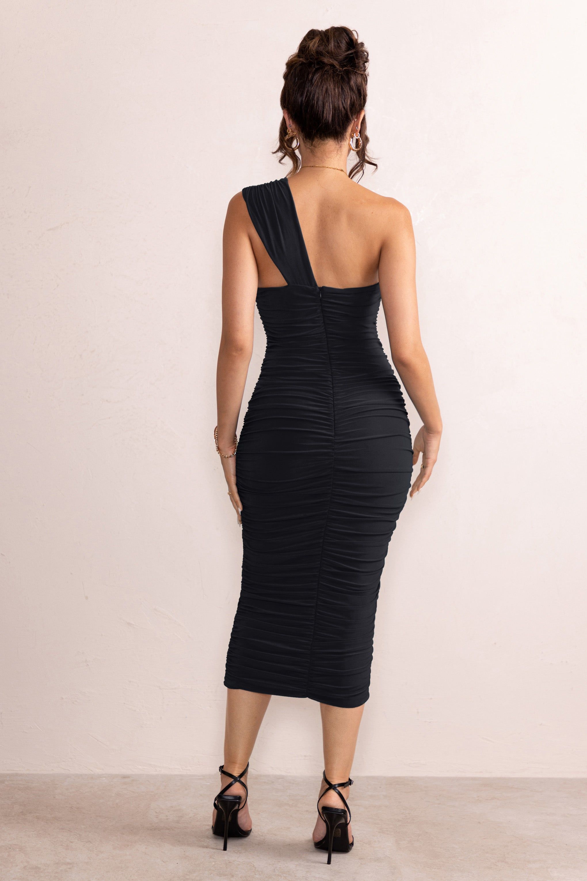 Brielle | Black Asymmetric Neck Twist Front Ruched Midi Dress sold by Club L London product image thumbnail 6