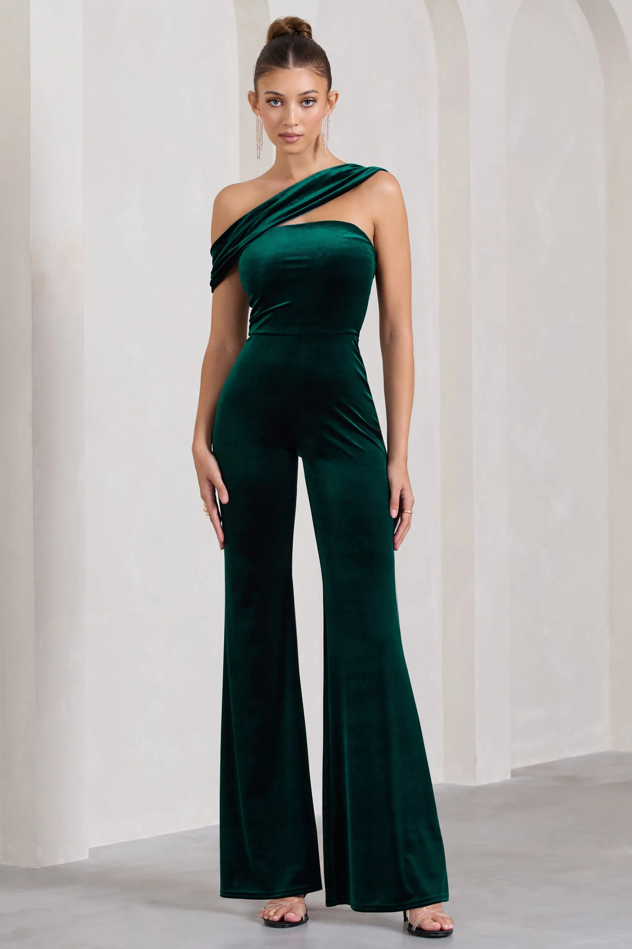Georgia | Bottle Green Velvet Asymmetric Wide-Leg Jumpsuit sold by Club L London