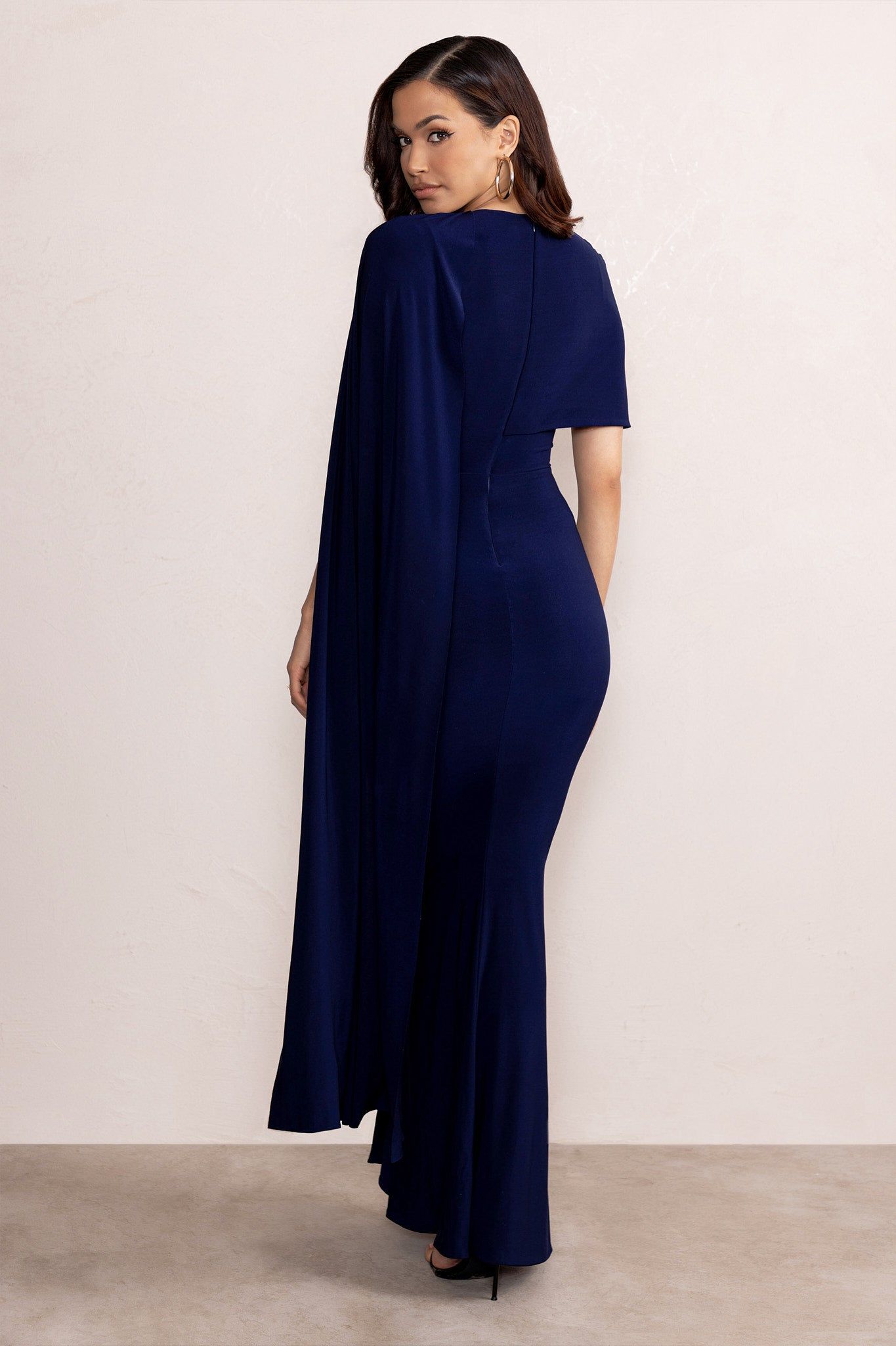 Isla | Navy Asymmetric Bardot Maxi Dress with Cape Sleeve and Side Split sold by Club L London product image thumbnail 2