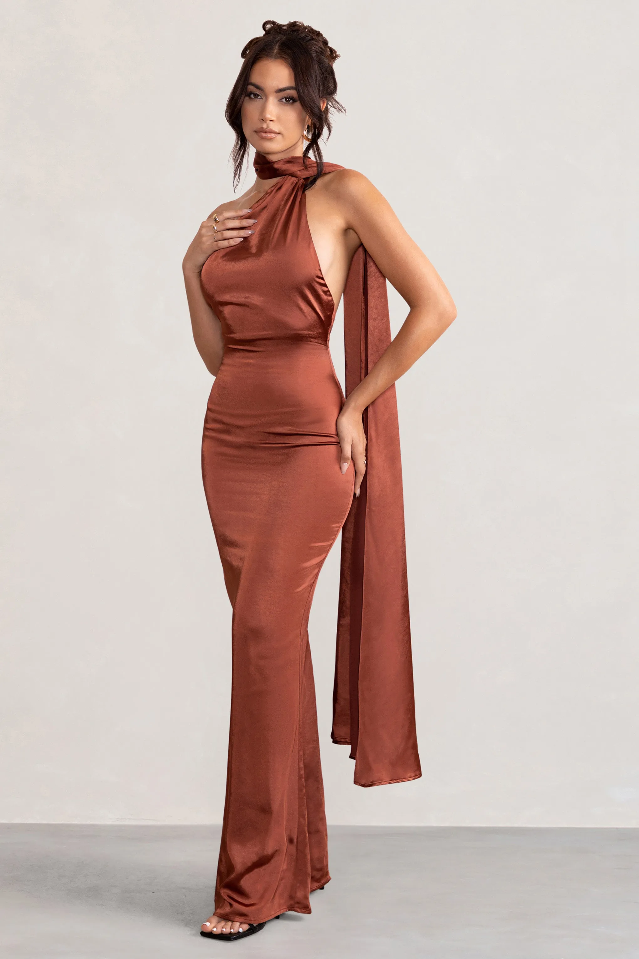 Mademoiselle | Rust Backless Satin Asymmetric Scarf Neck Maxi Dress sold by Club L London product image thumbnail 4