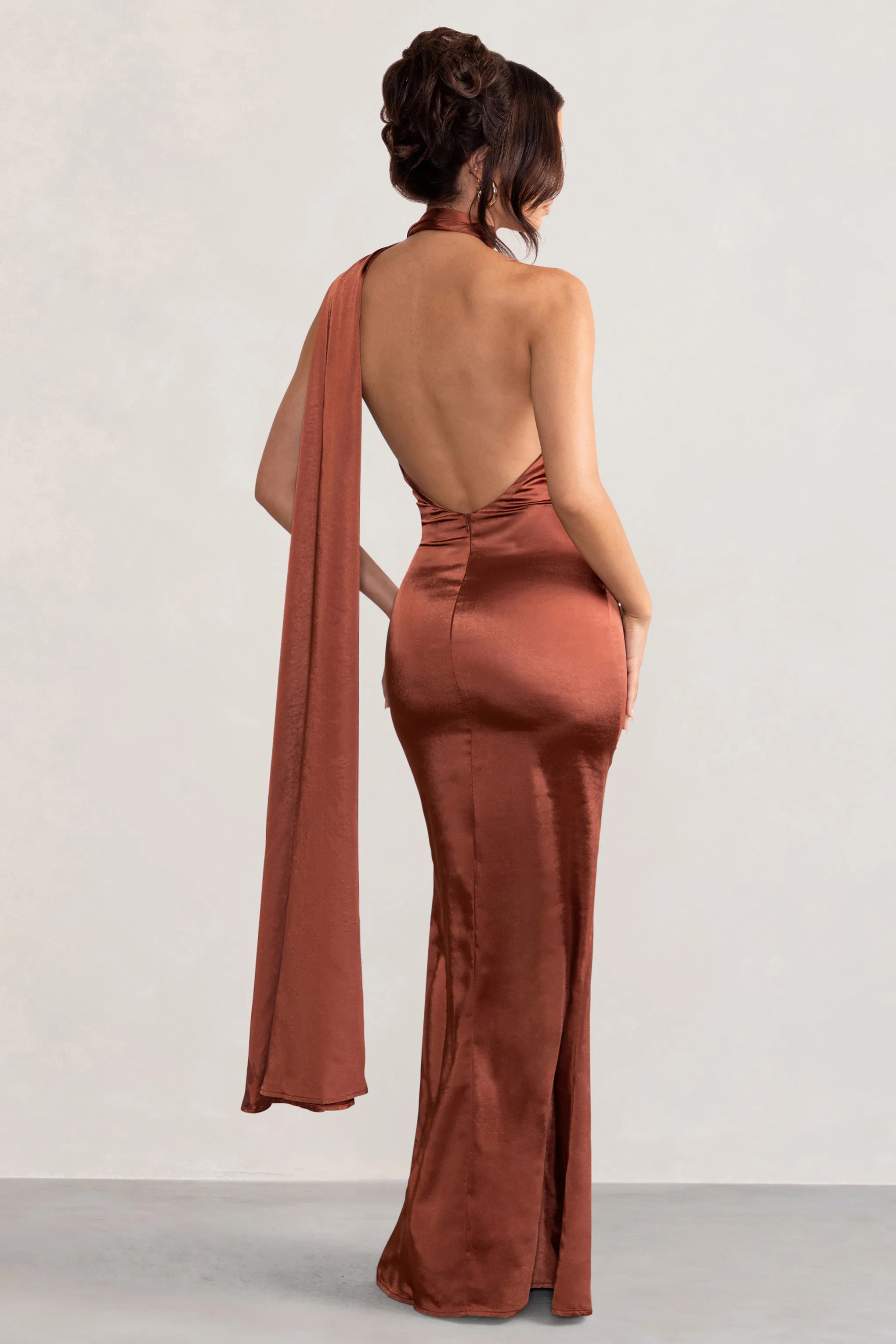 Mademoiselle | Rust Backless Satin Asymmetric Scarf Neck Maxi Dress sold by Club L London product image thumbnail 2