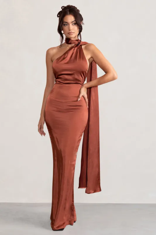 Mademoiselle | Rust Backless Satin Asymmetric Scarf Neck Maxi Dress sold by Club L London
