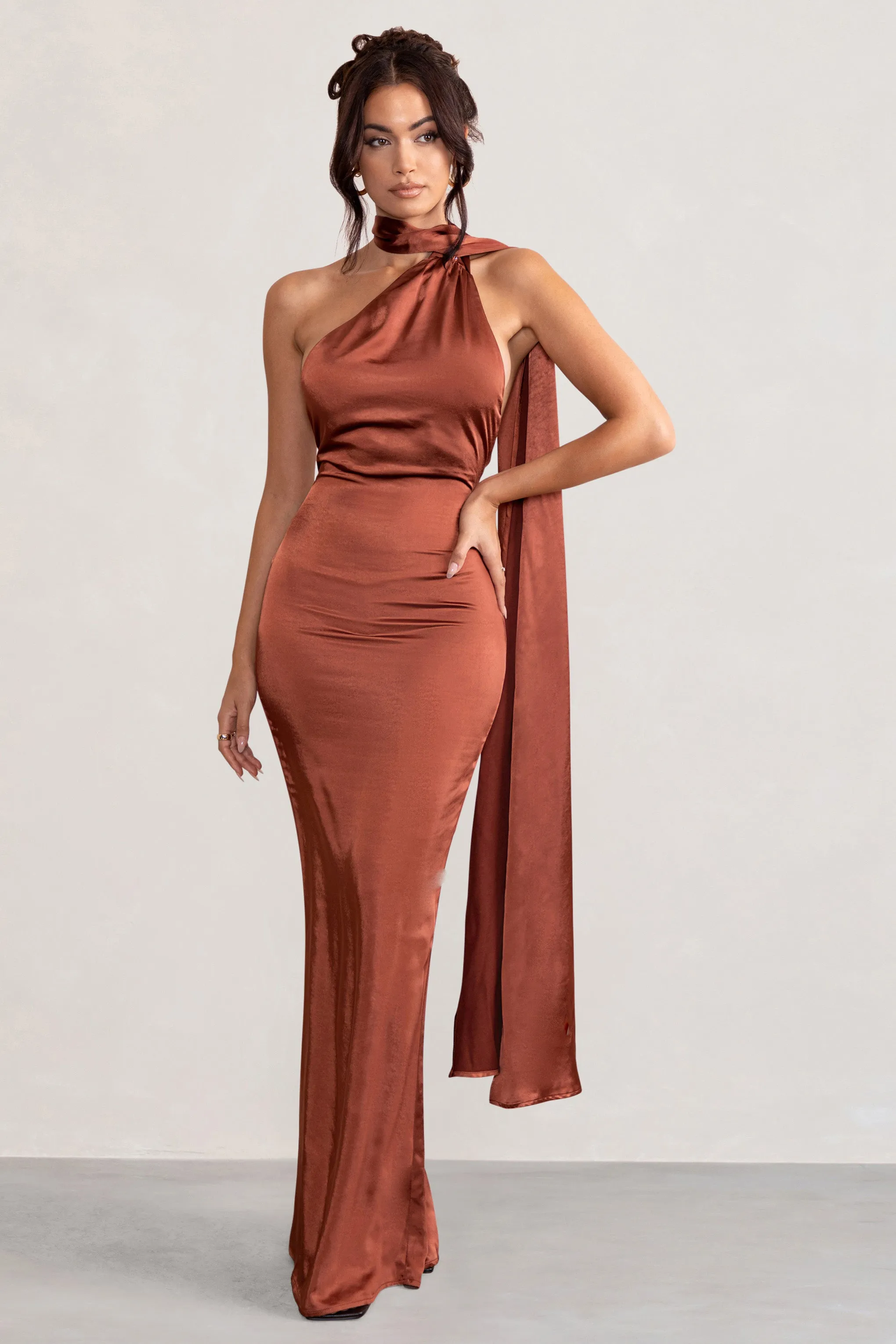 rust asymmetrical dress Rust color-Prestige One Shoulder Asymmetrical Maxi Dress Tabu Knits Boutique