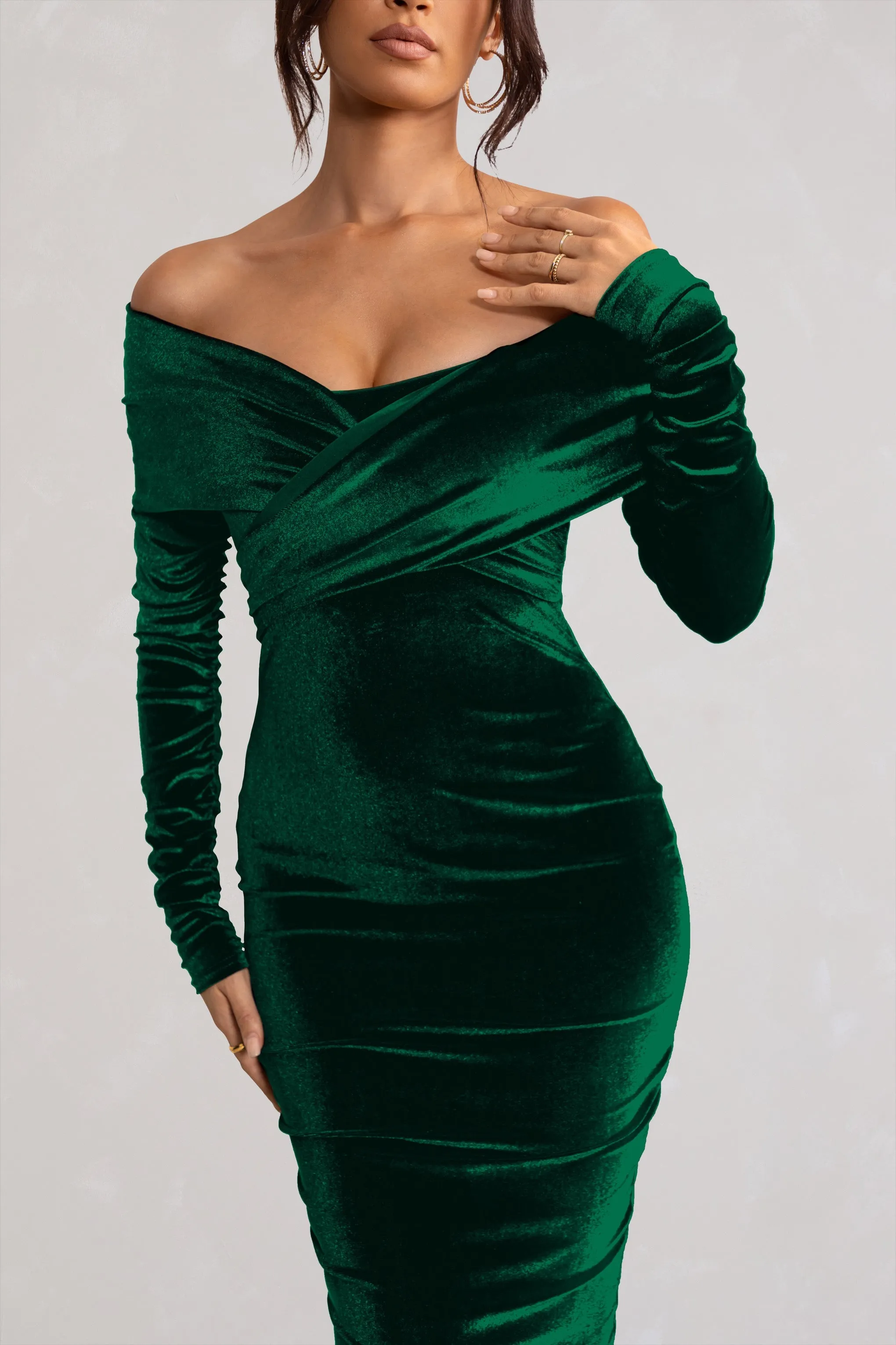 Flatter Me | Bottle Green Velvet Twist Front Bardot Midi Dress sold by Club L London product image thumbnail 3