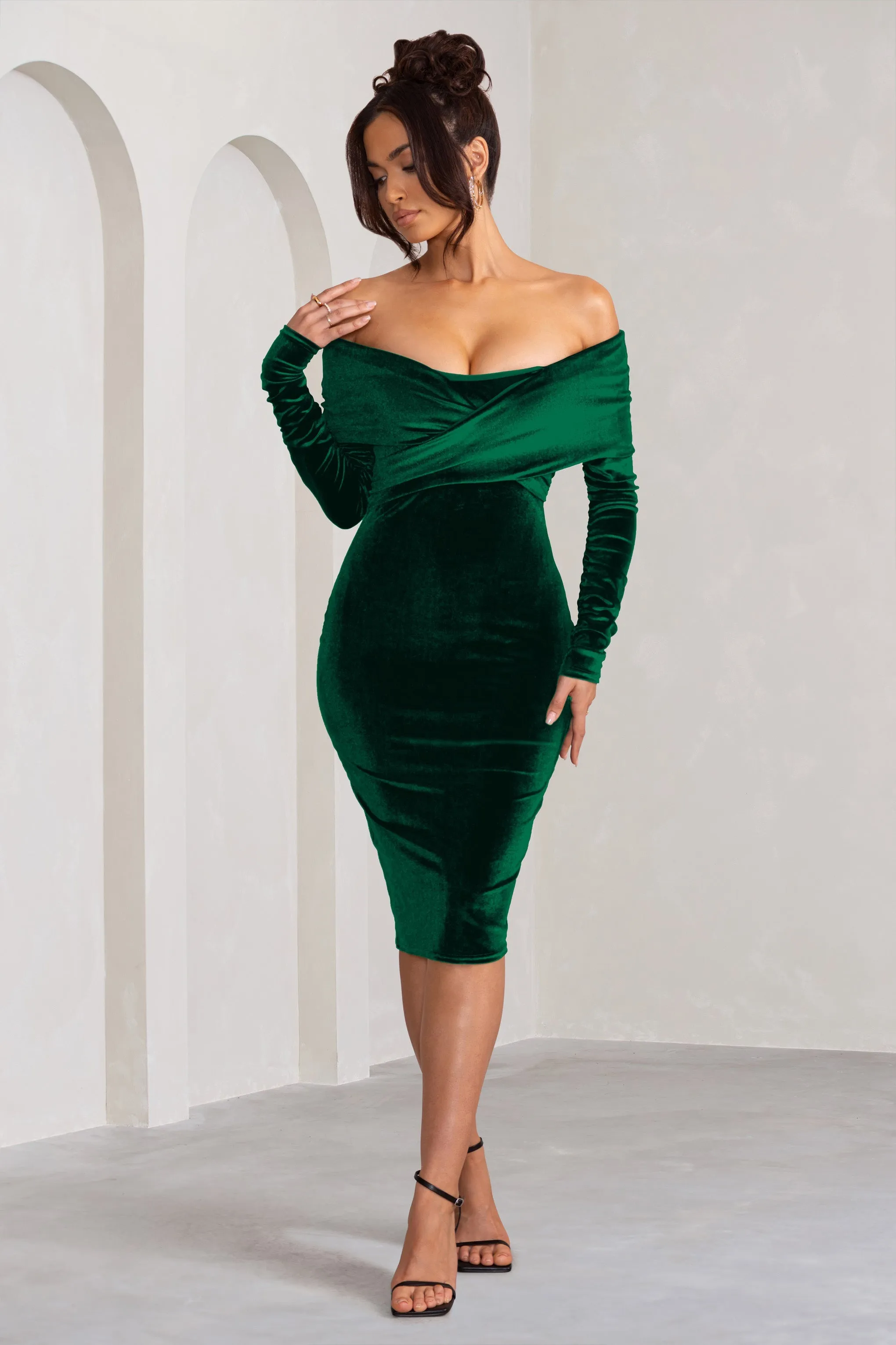 Flatter Me | Bottle Green Velvet Twist Front Bardot Midi Dress sold by Club L London product image thumbnail 5