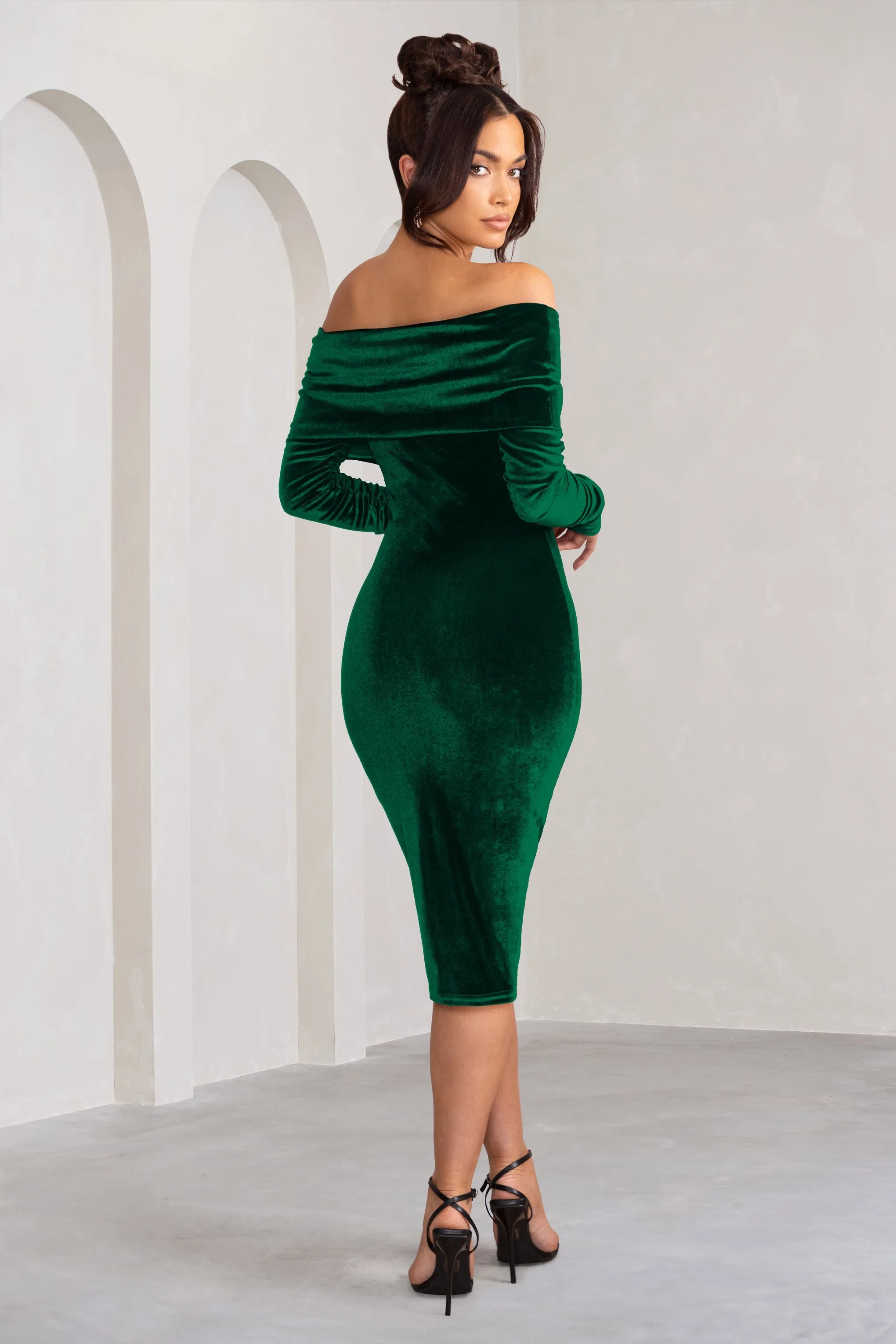 Flatter Me | Bottle Green Velvet Twist Front Bardot Midi Dress sold by Club L London product image thumbnail 2