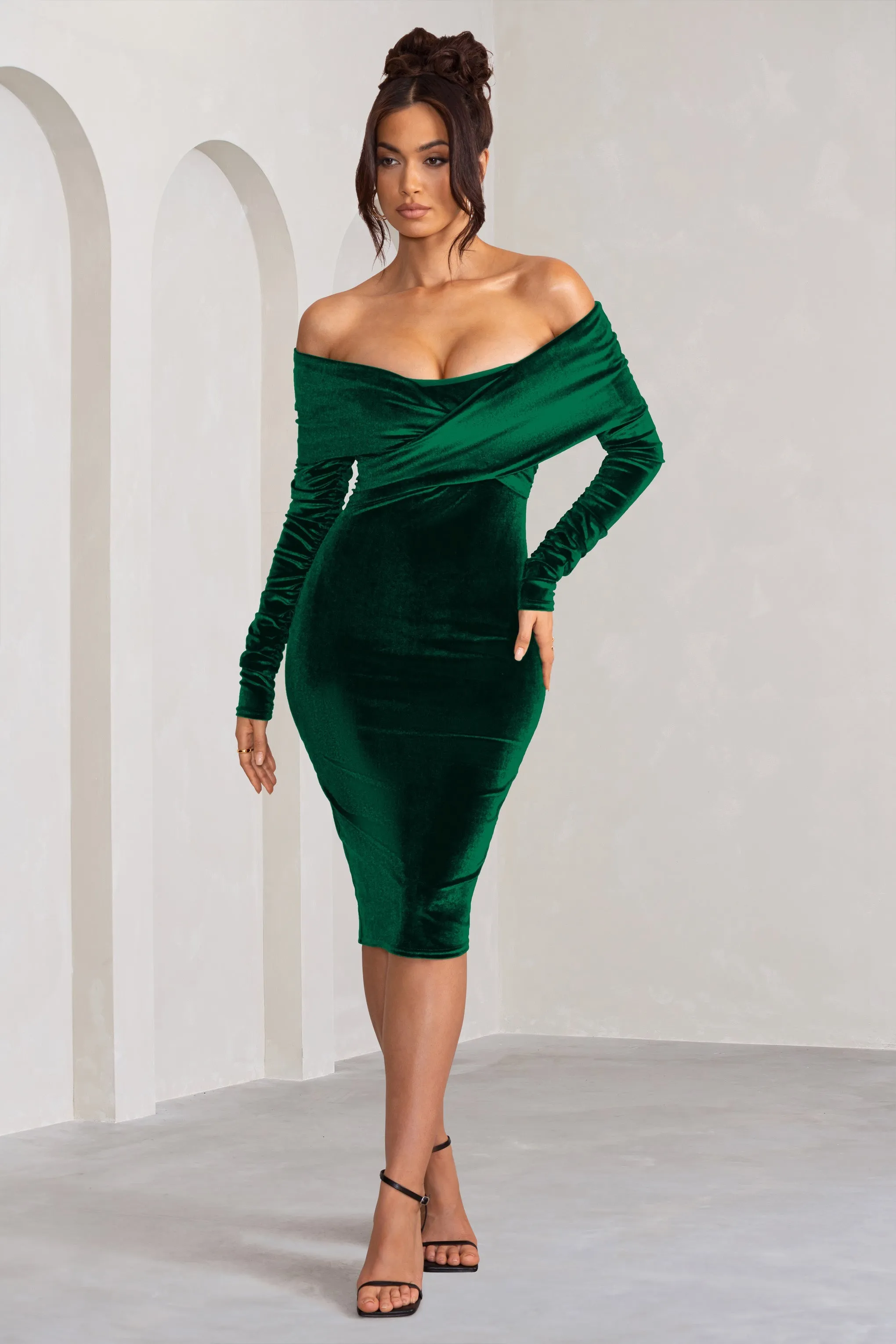 Flatter Me | Bottle Green Velvet Twist Front Bardot Midi Dress sold by Club L London product image thumbnail 4