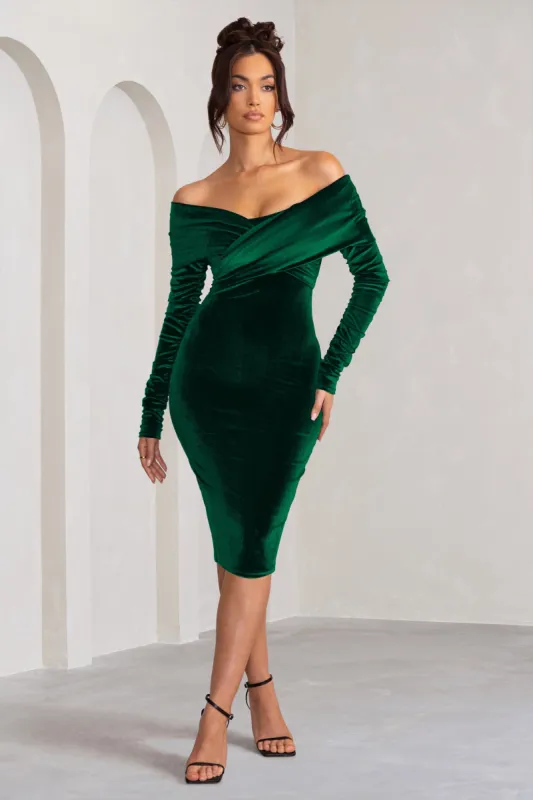 Flatter Me | Bottle Green Velvet Twist Front Bardot Midi Dress sold by Club L London