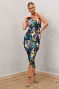 Late Night | Watercolour Print Asymmetrical One Shoulder Ruched Midi Dress sold by Club L London