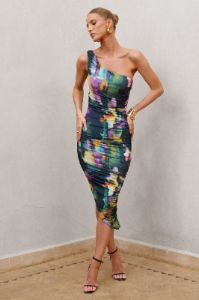 Late Night | Watercolour Print Asymmetrical One Shoulder Ruched Midi Dress sold by Club L London