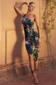 Late Night | Watercolour Print Asymmetrical One Shoulder Ruched Midi Dress sold by Club L London