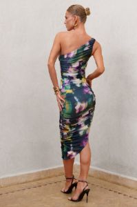 Late Night | Watercolour Print Asymmetrical One Shoulder Ruched Midi Dress sold by Club L London