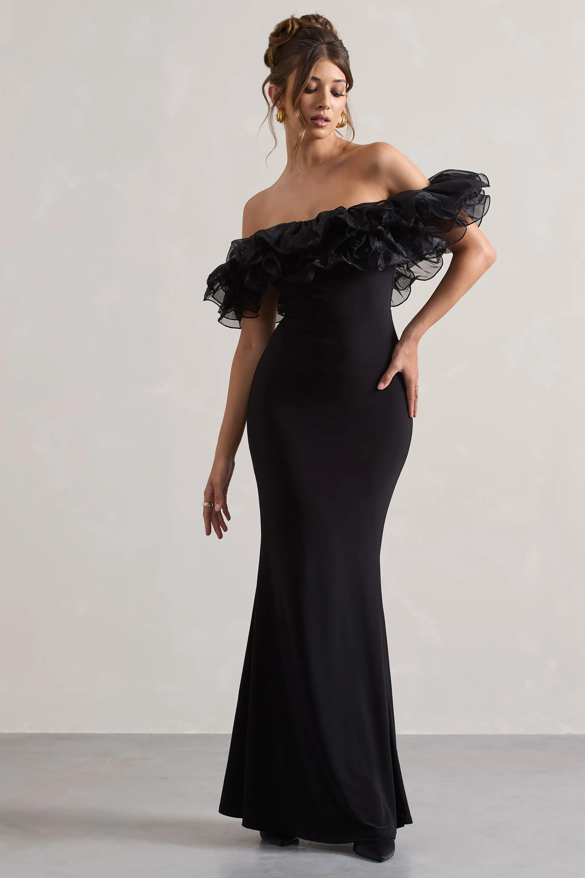 Meryl | Black Strapless Maxi Dress With Organza Trim sold by Club L London product image thumbnail 5