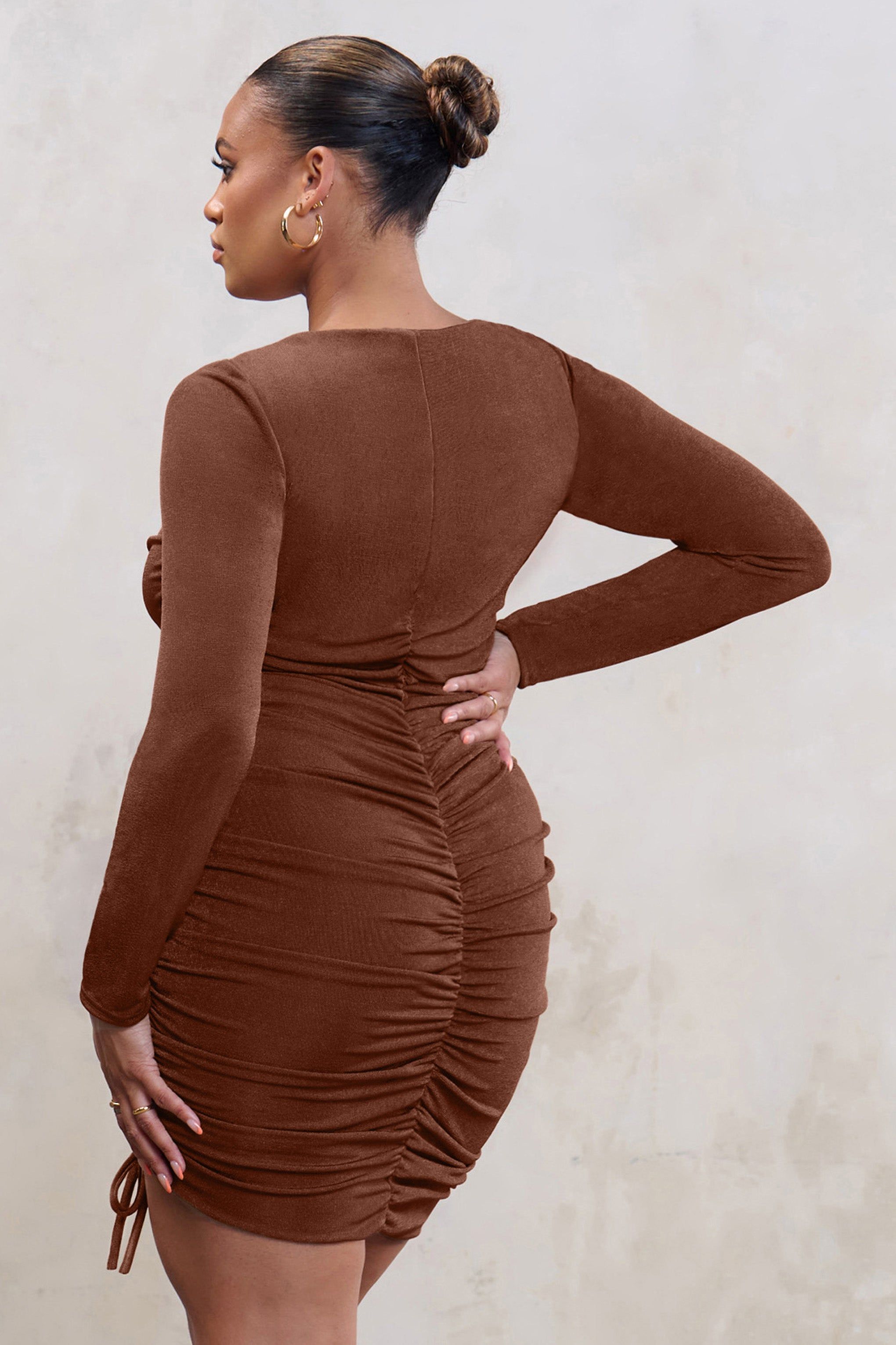 Mirage | Plus Brown Long Sleeve Ruched Mini Dress sold by Club L London product image thumbnail 2