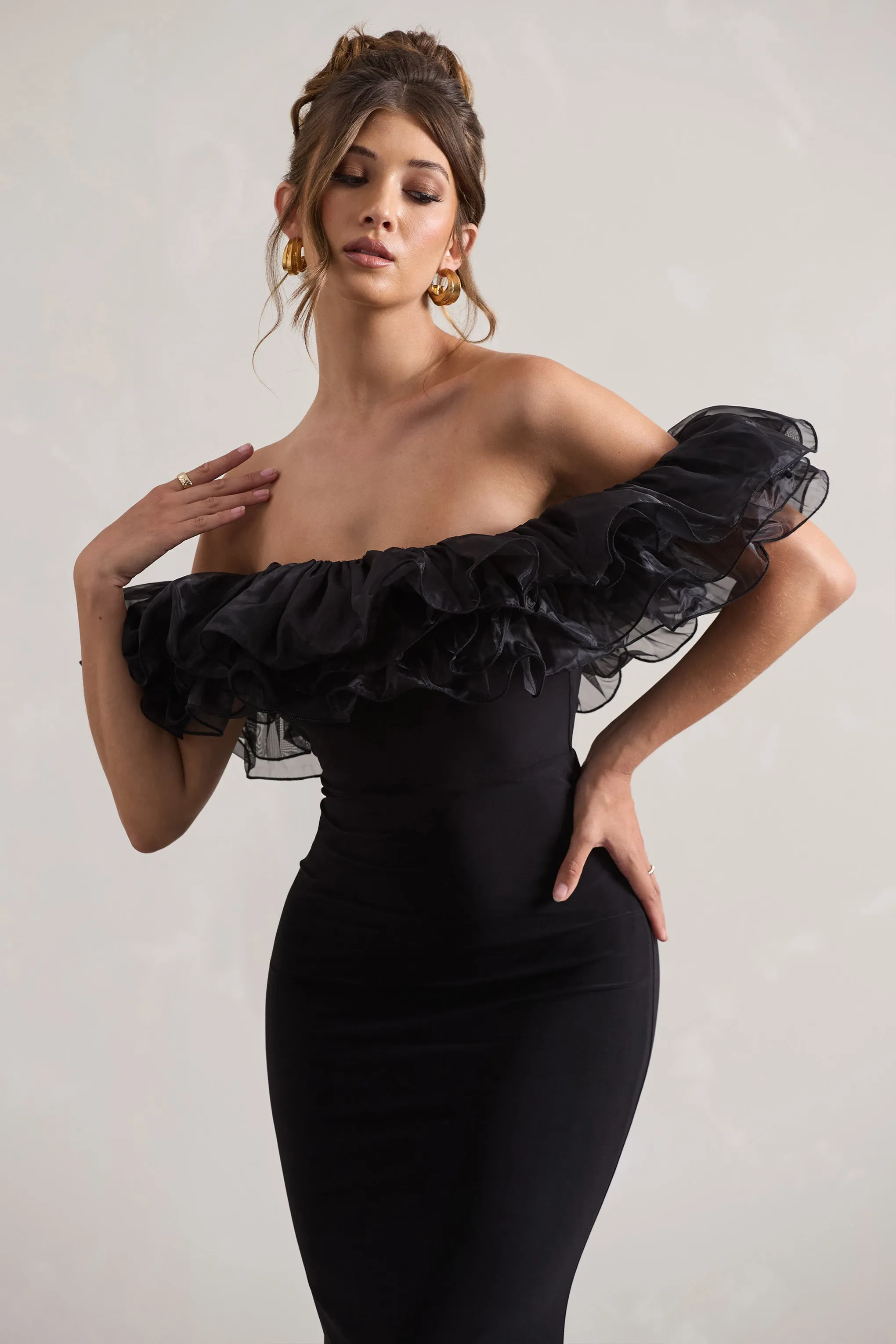 Meryl | Black Strapless Maxi Dress With Organza Trim sold by Club L London product image thumbnail 3