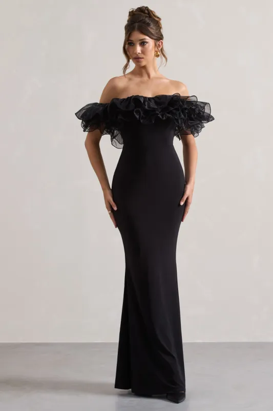 Meryl | Black Strapless Maxi Dress With Organza Trim sold by Club L London