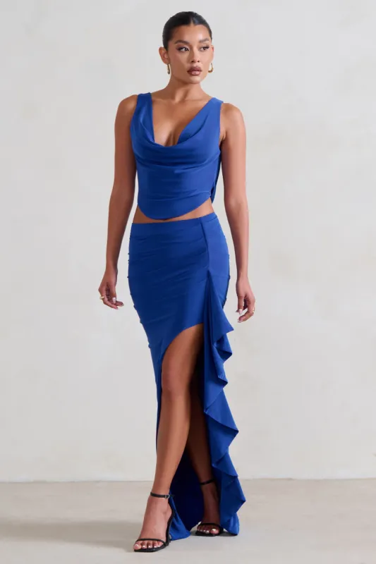 La Belle | Blue Ruffle Maxi Skirt With Thigh Split sold by Club L London